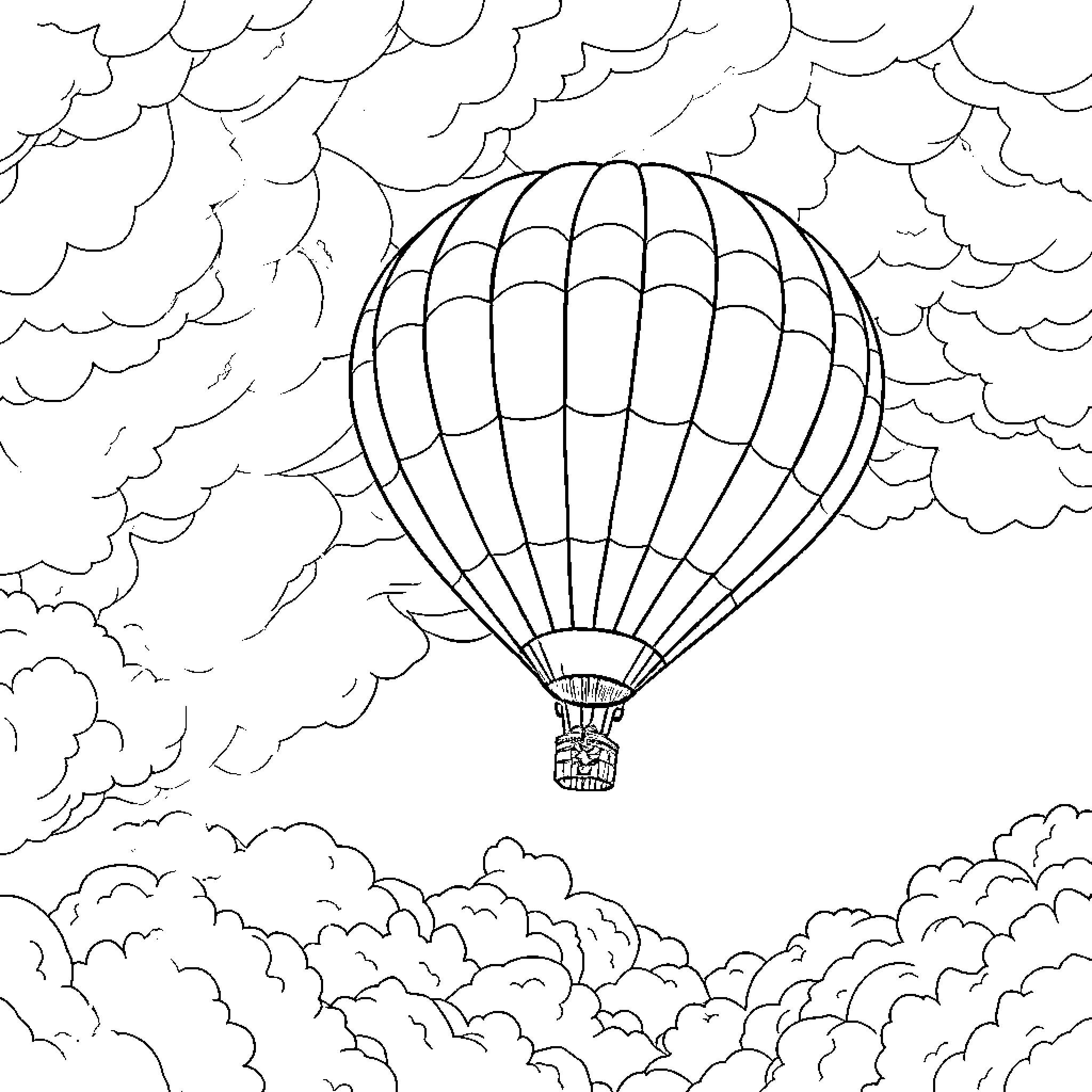 Hot Air Balloon soaring through cloudy skies Coloring Page (free black-and-white line drawing printable PDF for all, from beginners to advanced learners, including children, teens, adults, and seniors)