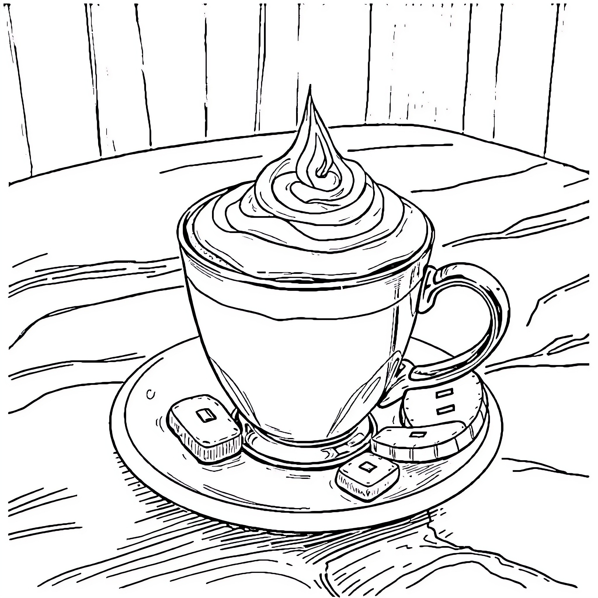 Capucino with marshmallows and chocolates Coloring Page (free black-and-white line drawing printable PDF for all, from beginners to advanced learners, including children, teens, adults, and seniors)
