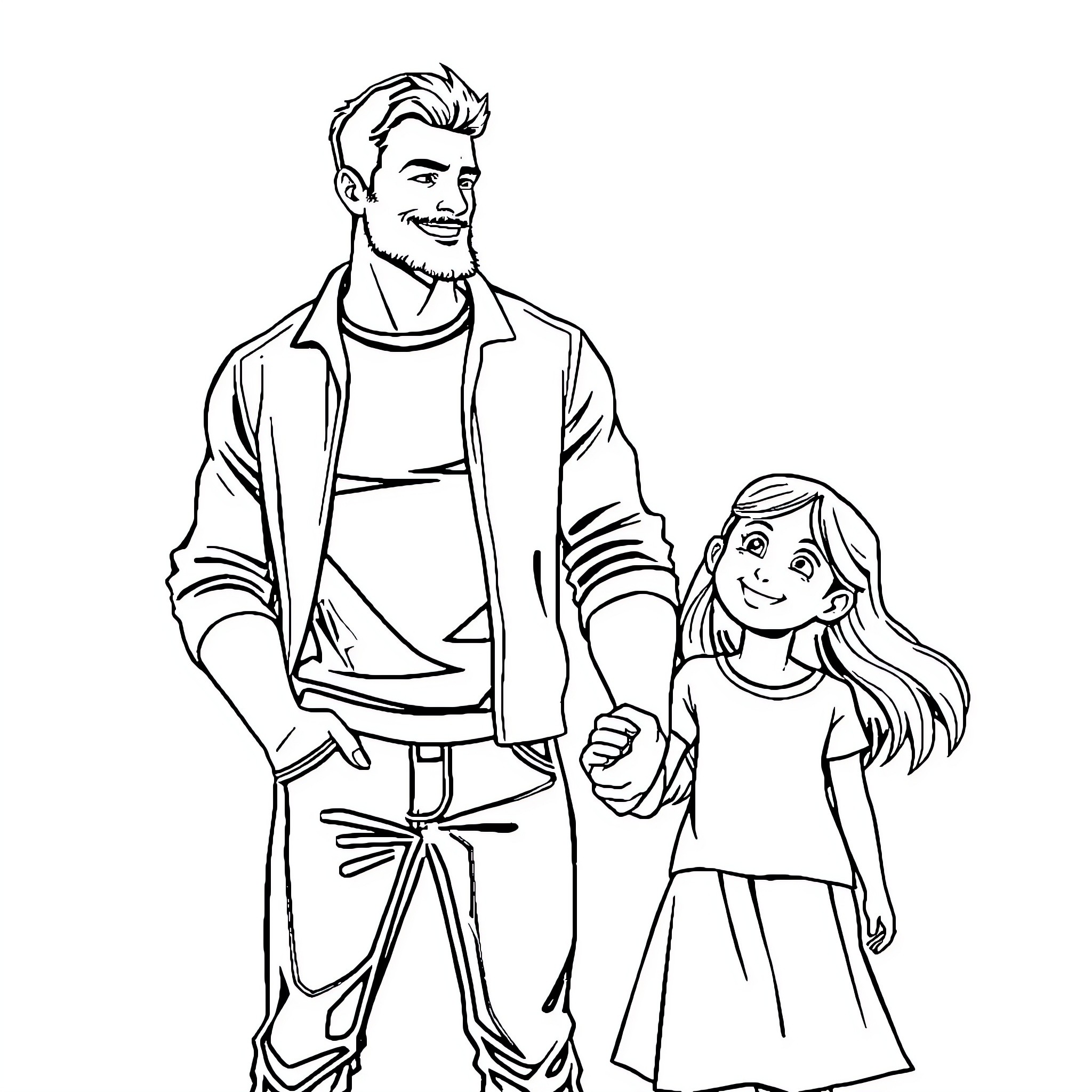 Man and young girl walking together happily Coloring Page (free black-and-white line drawing printable PDF for all, from beginners to advanced learners, including children, teens, adults, and seniors)