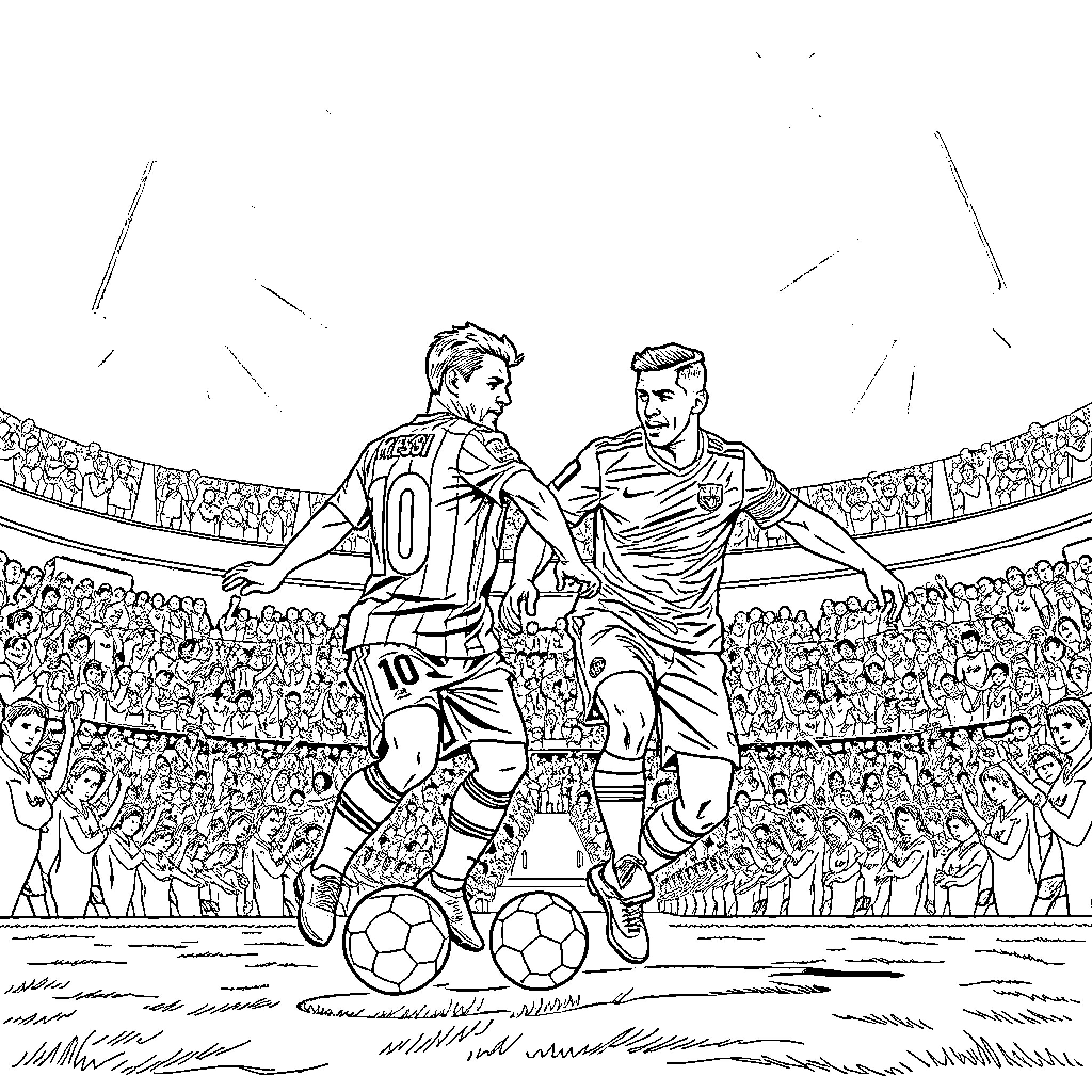 Messi's Intense Football Match with Opponent Coloring Page (free black-and-white line drawing printable PDF for all, from beginners to advanced learners, including children, teens, adults, and seniors)
