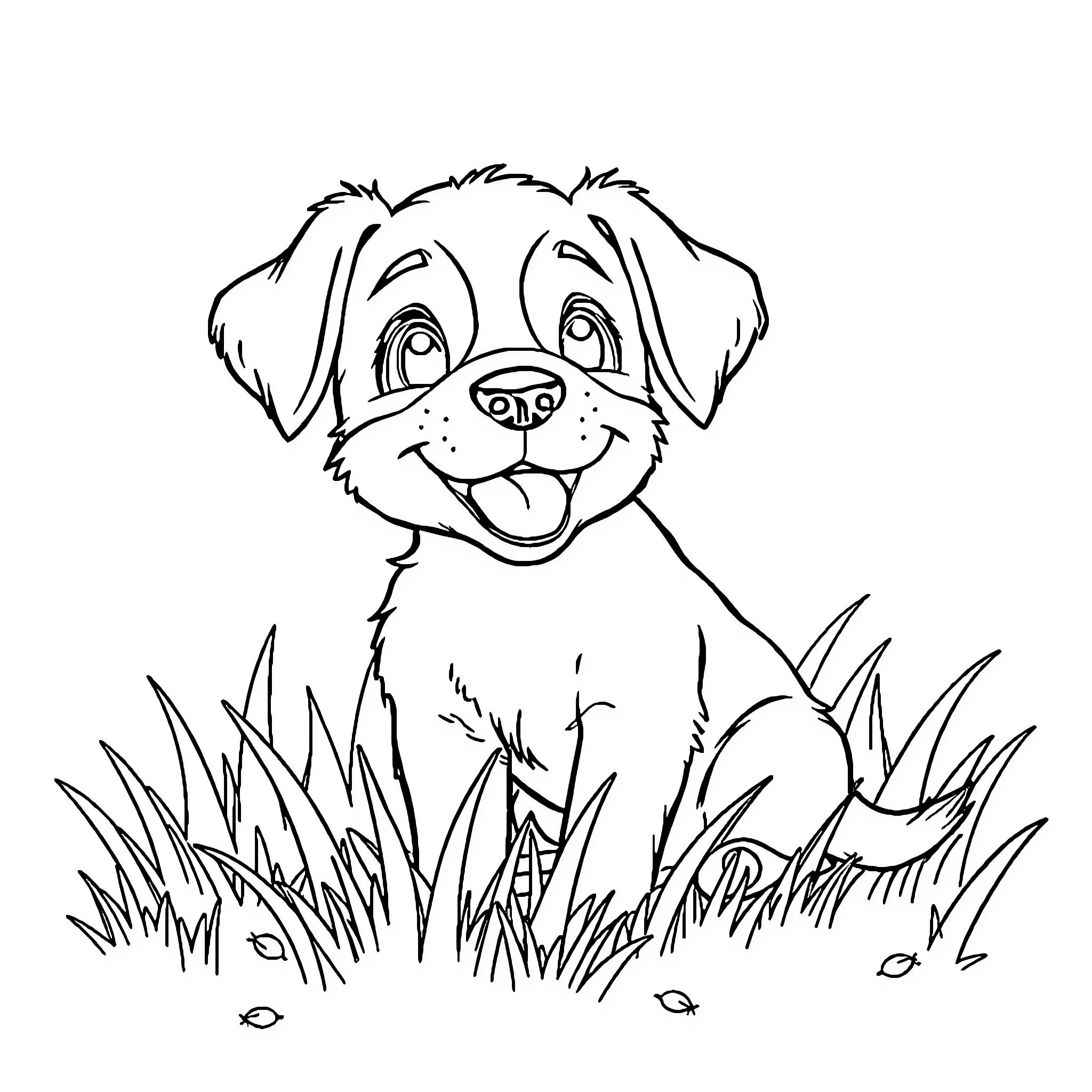Dog happily sitting in grassy field Coloring Page (free black-and-white line drawing printable PDF for all, from beginners to advanced learners, including children, teens, adults, and seniors)