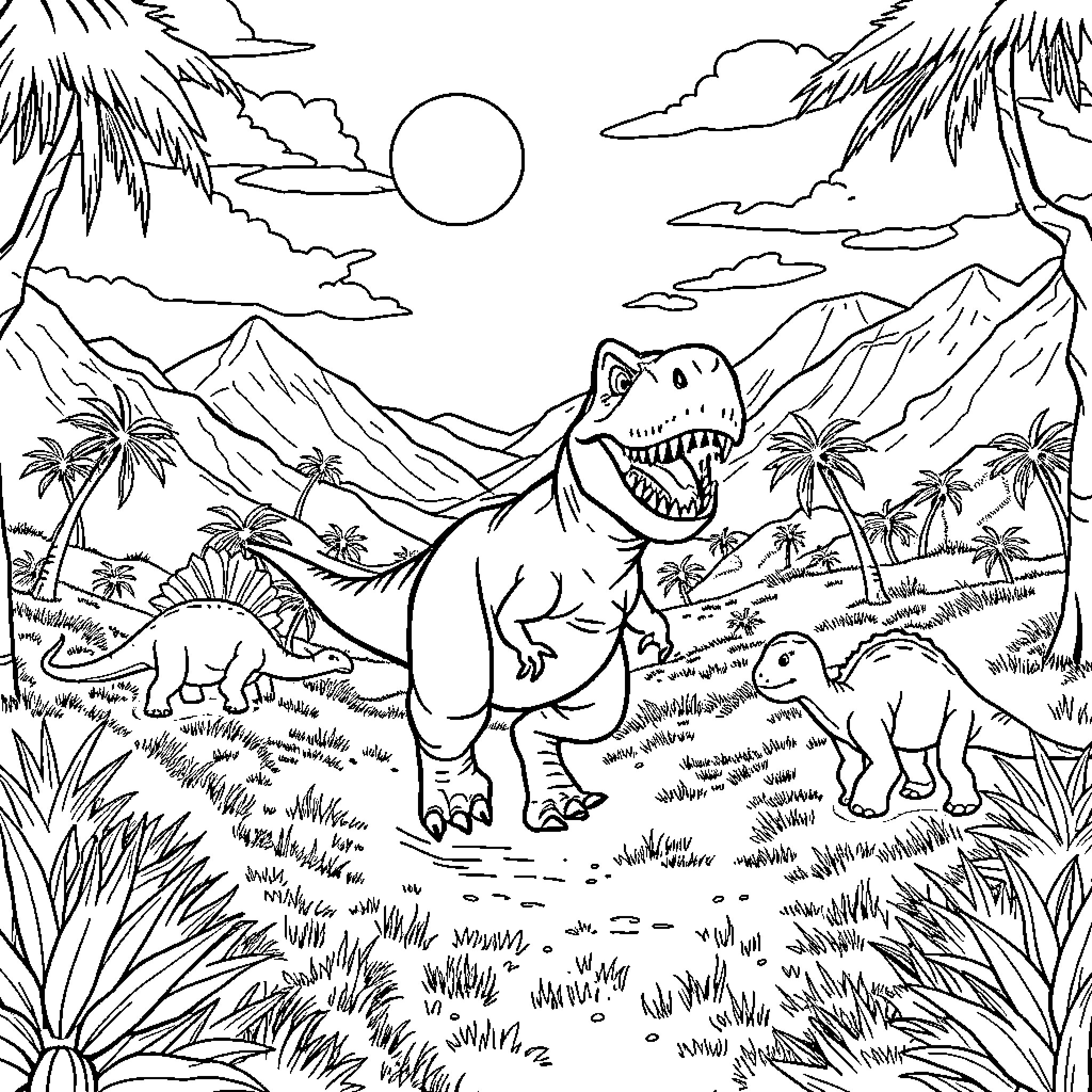 T-Rex Stomping through the Prehistoric Landscape Coloring Page (free black-and-white line drawing printable PDF for all, from beginners to advanced learners, including children, teens, adults, and seniors)