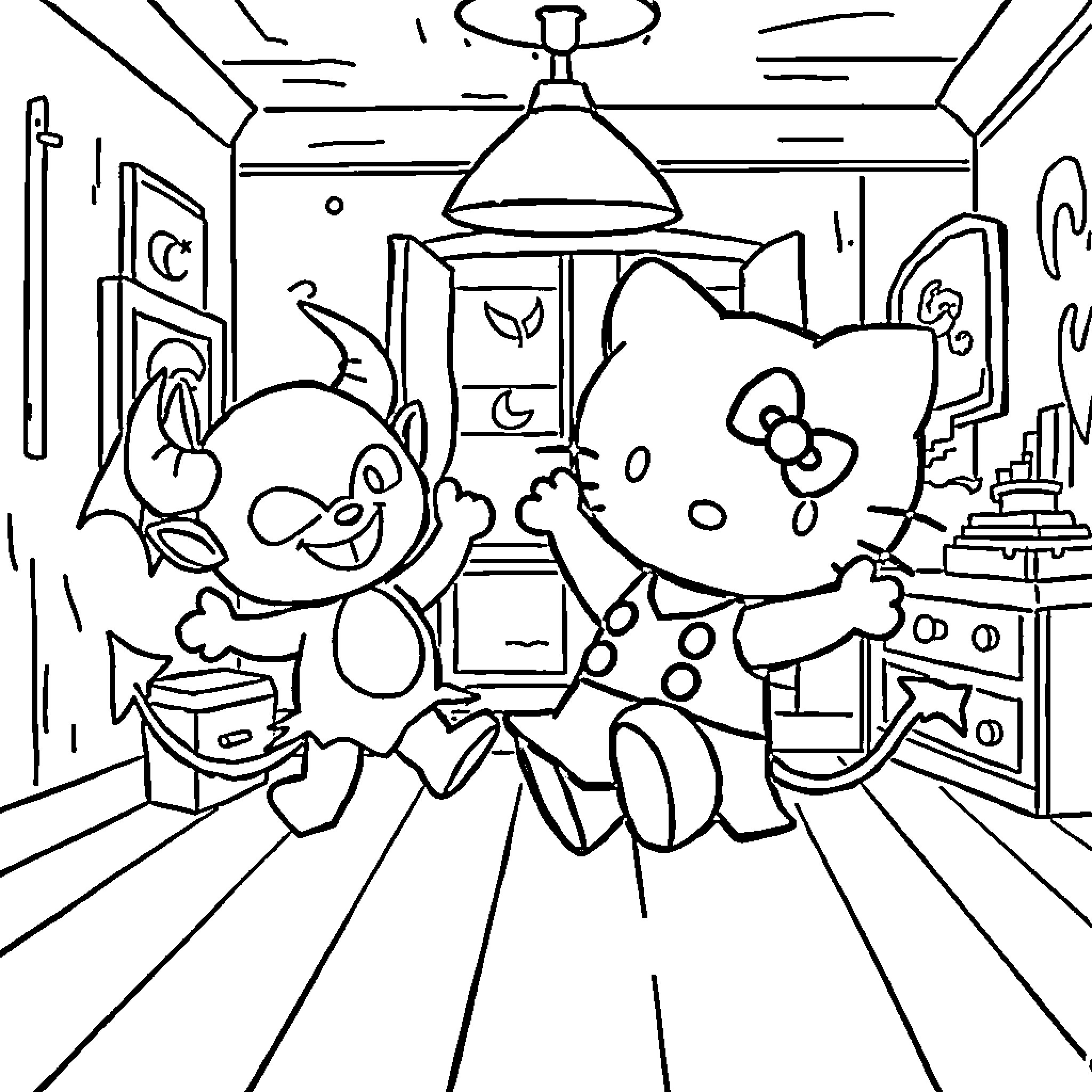 Hello Kitty having fun in a cozy home Coloring Page (free black-and-white line drawing printable PDF for all, from beginners to advanced learners, including children, teens, adults, and seniors)