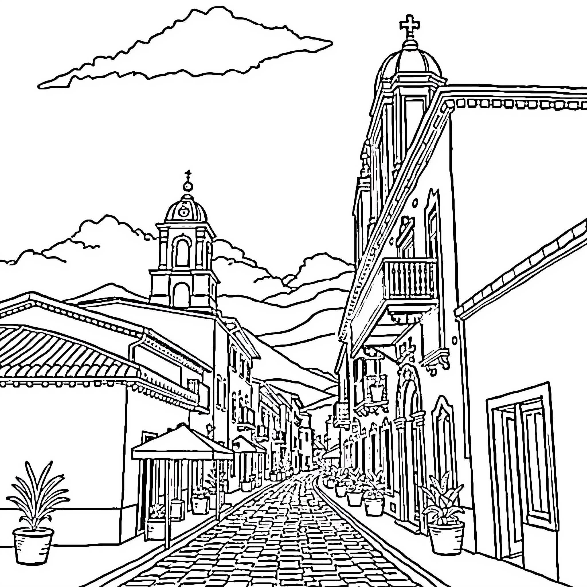 Zipaquira: Cityscape with architectural landmarks Coloring Page (free black-and-white line drawing printable PDF for all, from beginners to advanced learners, including children, teens, adults, and seniors)