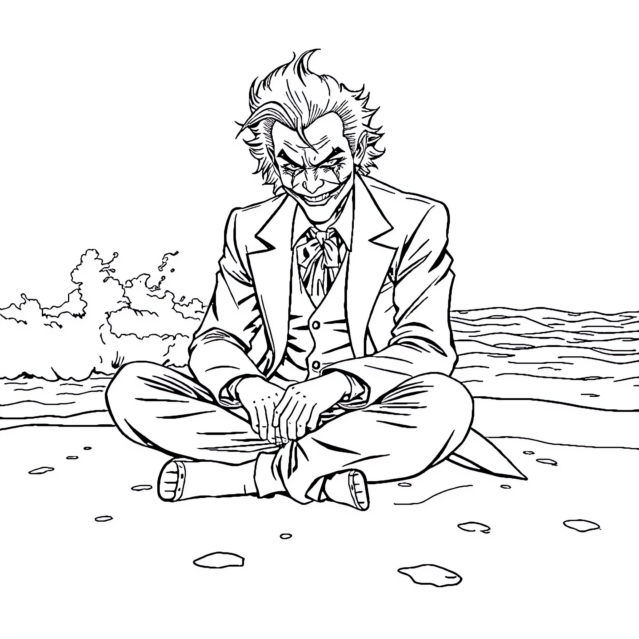 Joker sitting calmly in a desolate landscape Coloring Page (free black-and-white line drawing printable PDF for all, from beginners to advanced learners, including children, teens, adults, and seniors)