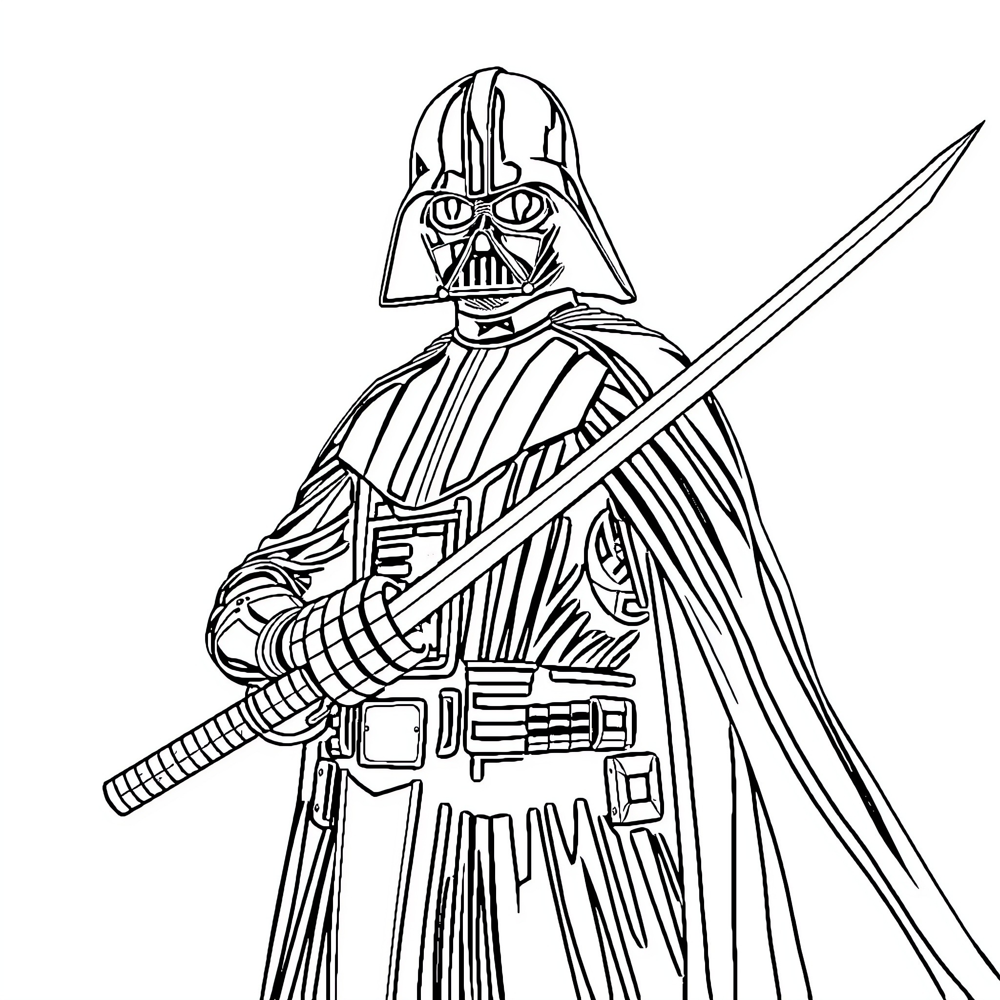 Darth Vader wielding his iconic lightsaber Coloring Page (free black-and-white line drawing printable PDF for all, from beginners to advanced learners, including children, teens, adults, and seniors)