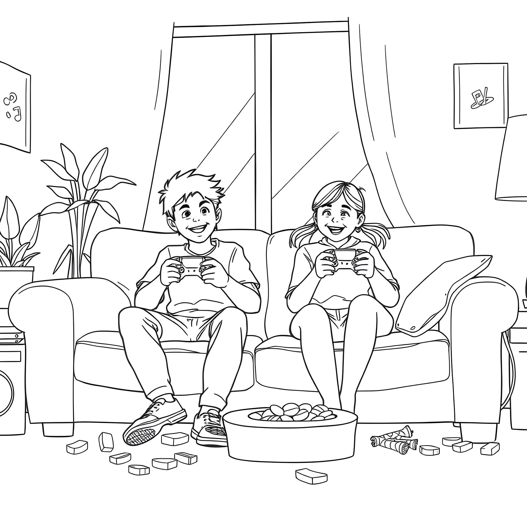 Gamer Friends Enjoying Video Game Together Coloring Page (free black-and-white line drawing printable PDF for all, from beginners to advanced learners, including children, teens, adults, and seniors)