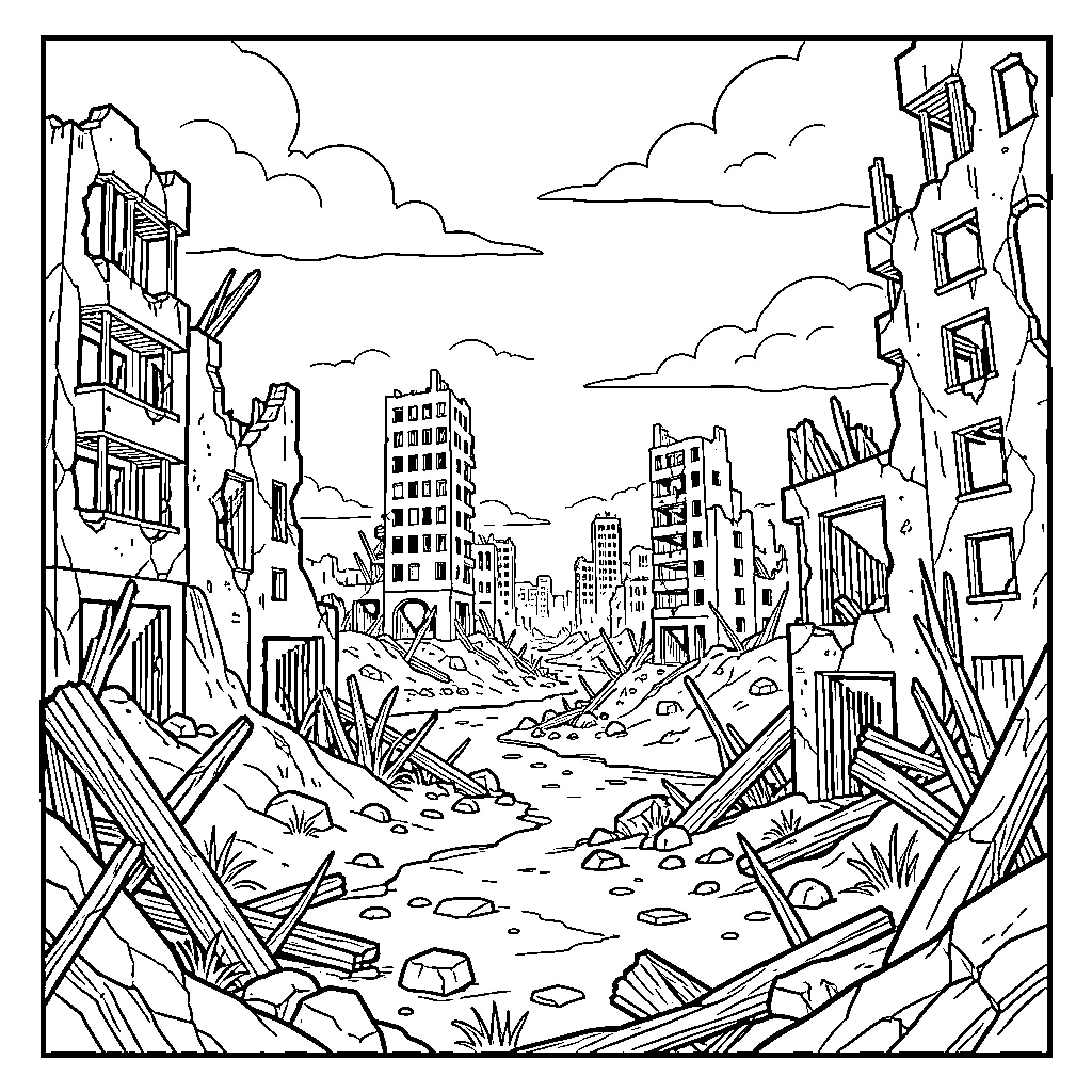 Fallout: Devastated urban landscape with ruins and debris Coloring Page (free black-and-white line drawing printable PDF for all, from beginners to advanced learners, including children, teens, adults, and seniors)