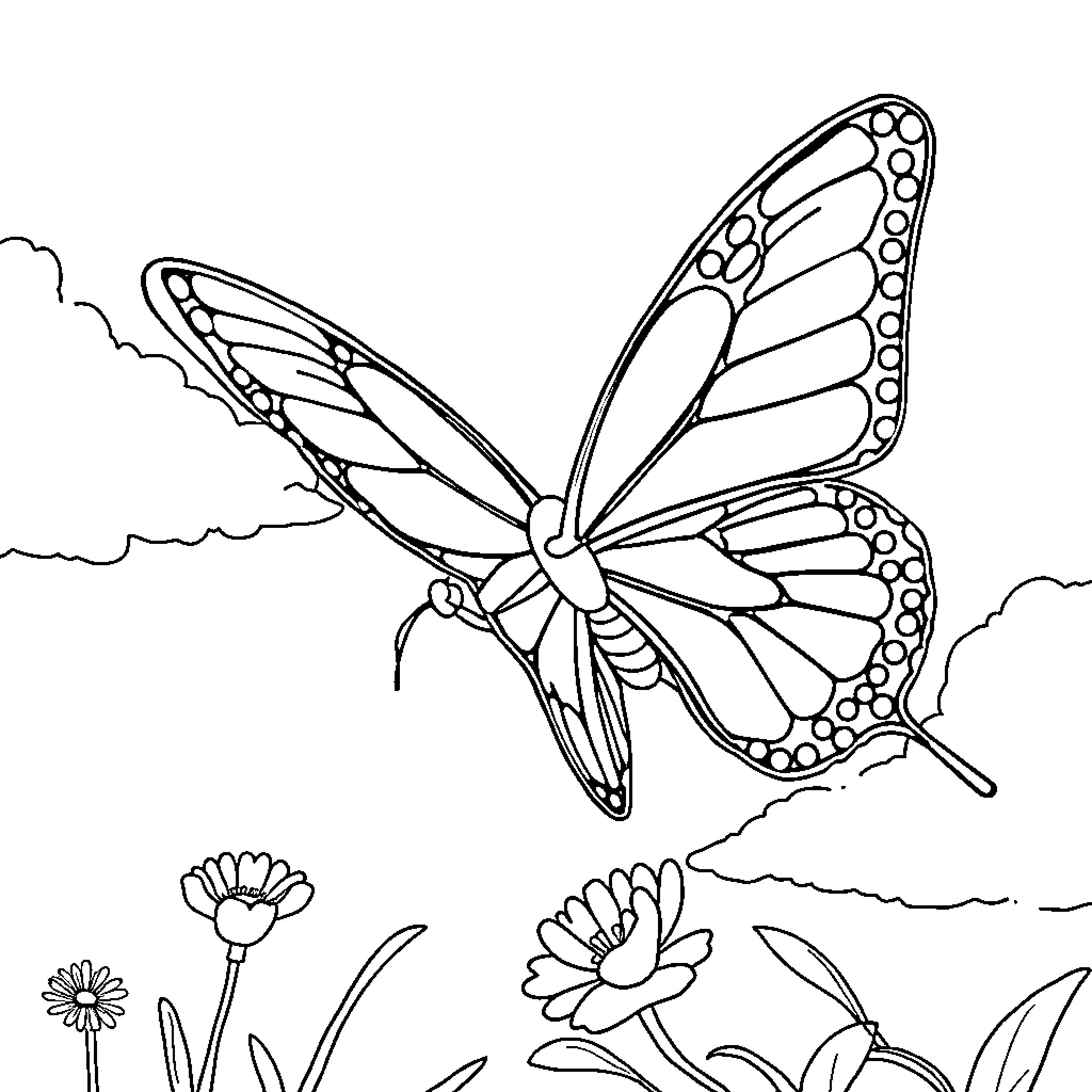 Butterfly soaring through a lush garden Coloring Page (free black-and-white line drawing printable PDF for all, from beginners to advanced learners, including children, teens, adults, and seniors)
