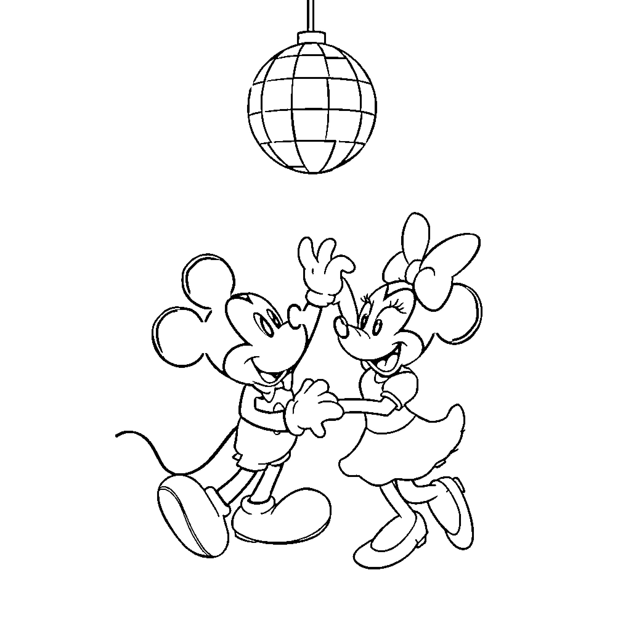 Mickey Mouse and Minnie Mouse dancing under a disco ball Coloring Page (free black-and-white line drawing printable PDF for all, from beginners to advanced learners, including children, teens, adults, and seniors)