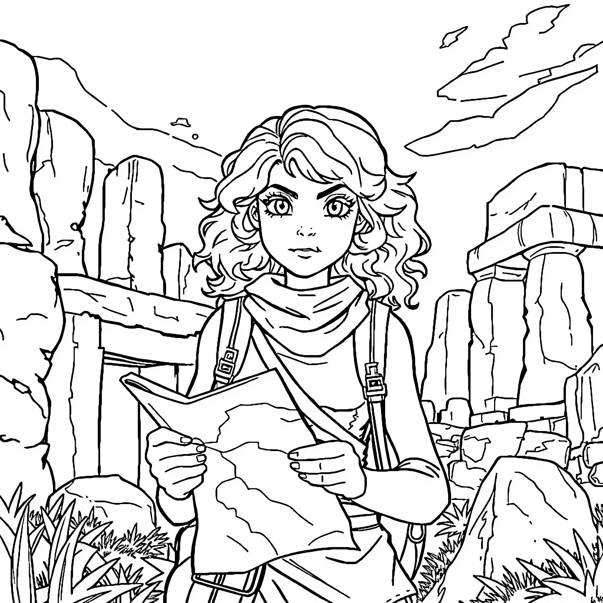 Annabeth Chase exploring the wilderness with a map Coloring Page (free black-and-white line drawing printable PDF for all, from beginners to advanced learners, including children, teens, adults, and seniors)