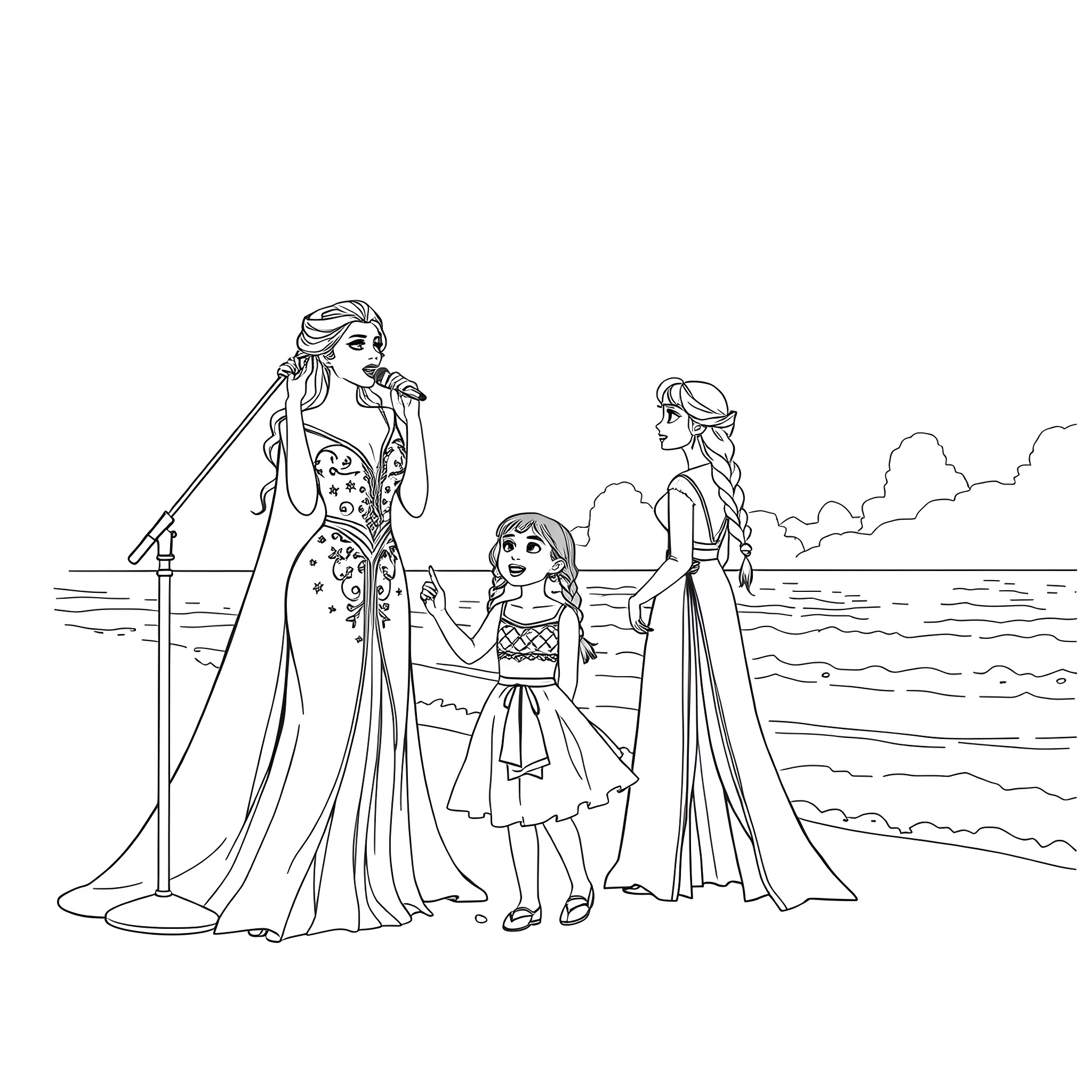 Lady Gaga Performing with Fans at the Beach Coloring Page (free black-and-white line drawing printable PDF for all, from beginners to advanced learners, including children, teens, adults, and seniors)