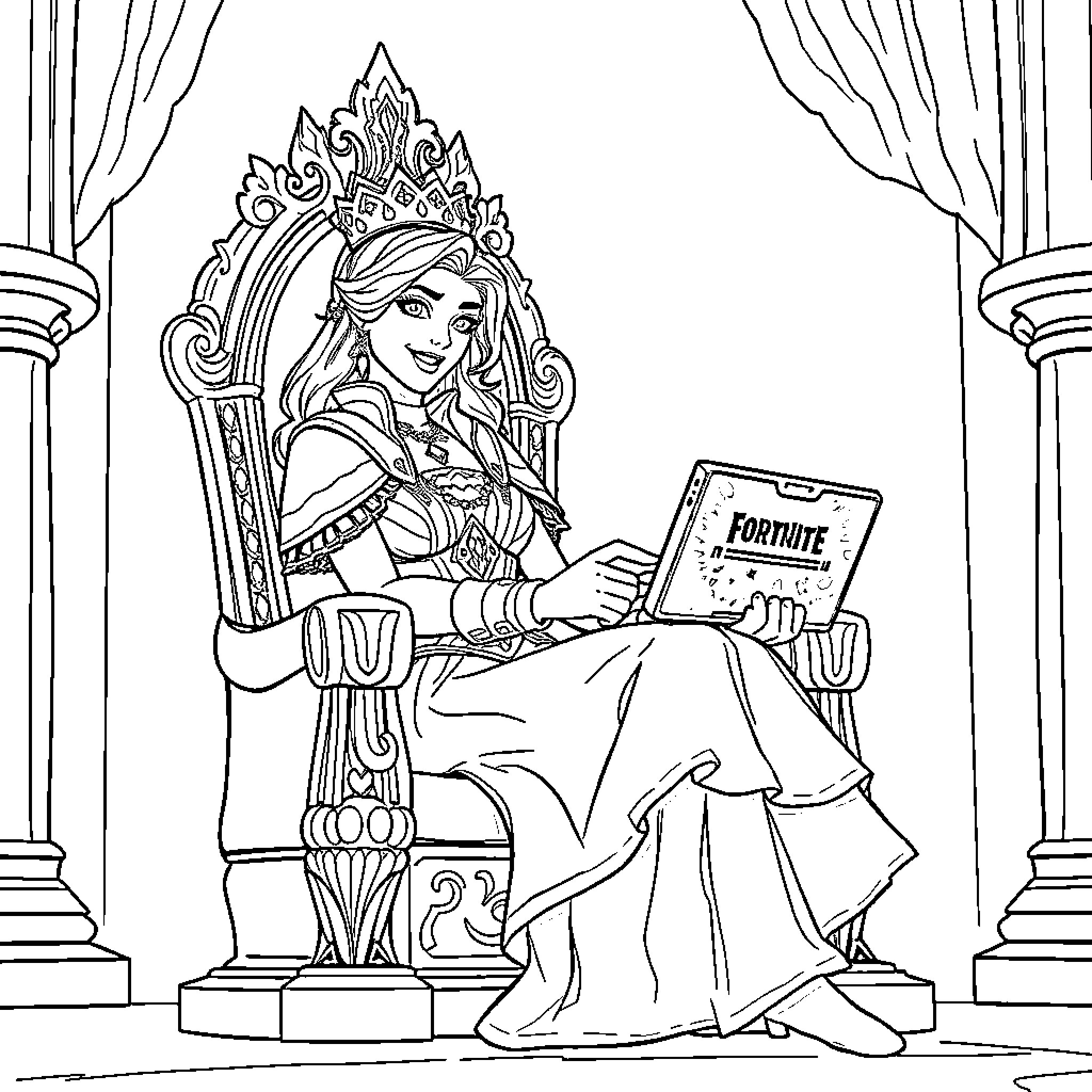 Princess Gaming on Her Laptop in the Palace Coloring Page (free black-and-white line drawing printable PDF for all, from beginners to advanced learners, including children, teens, adults, and seniors)