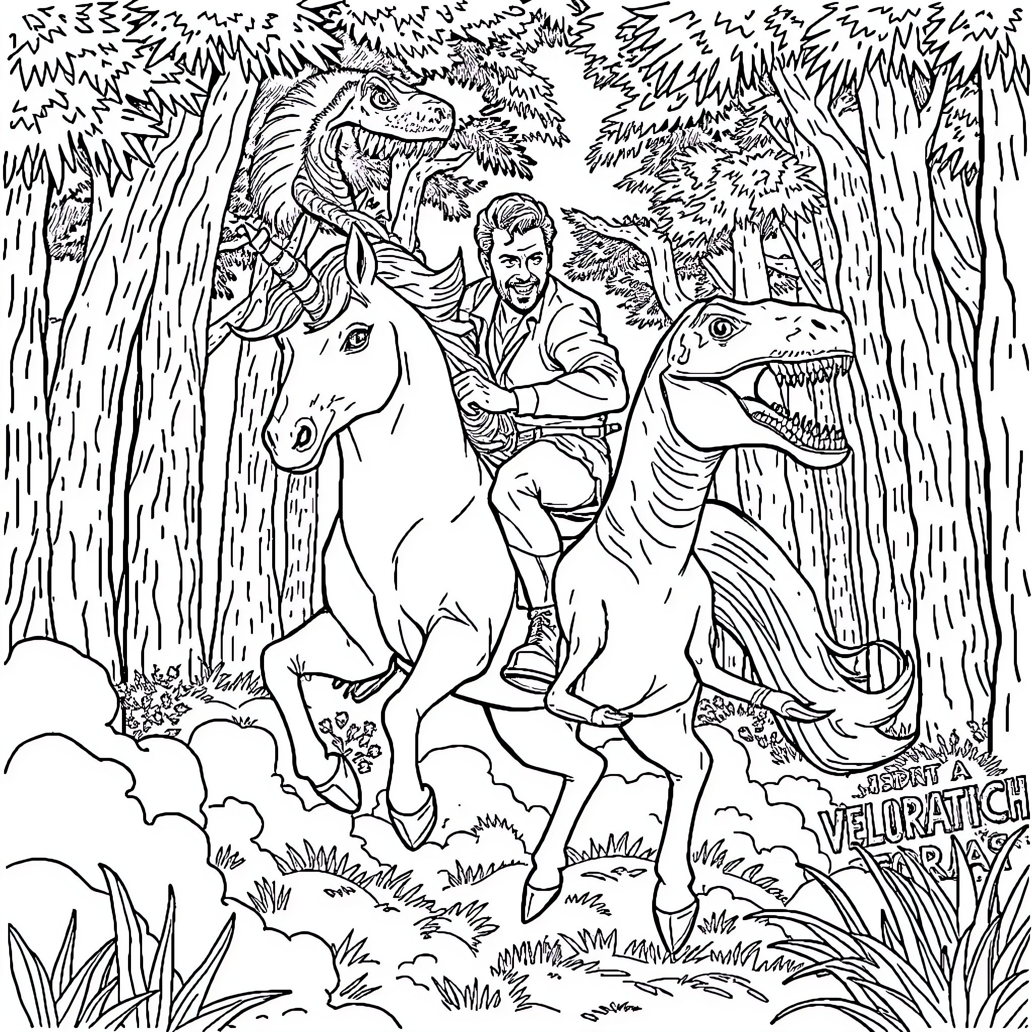 Unicorn knight riding through magical forest with fantasy creatures Coloring Page (free black-and-white line drawing printable PDF for all, from beginners to advanced learners, including children, teens, adults, and seniors)