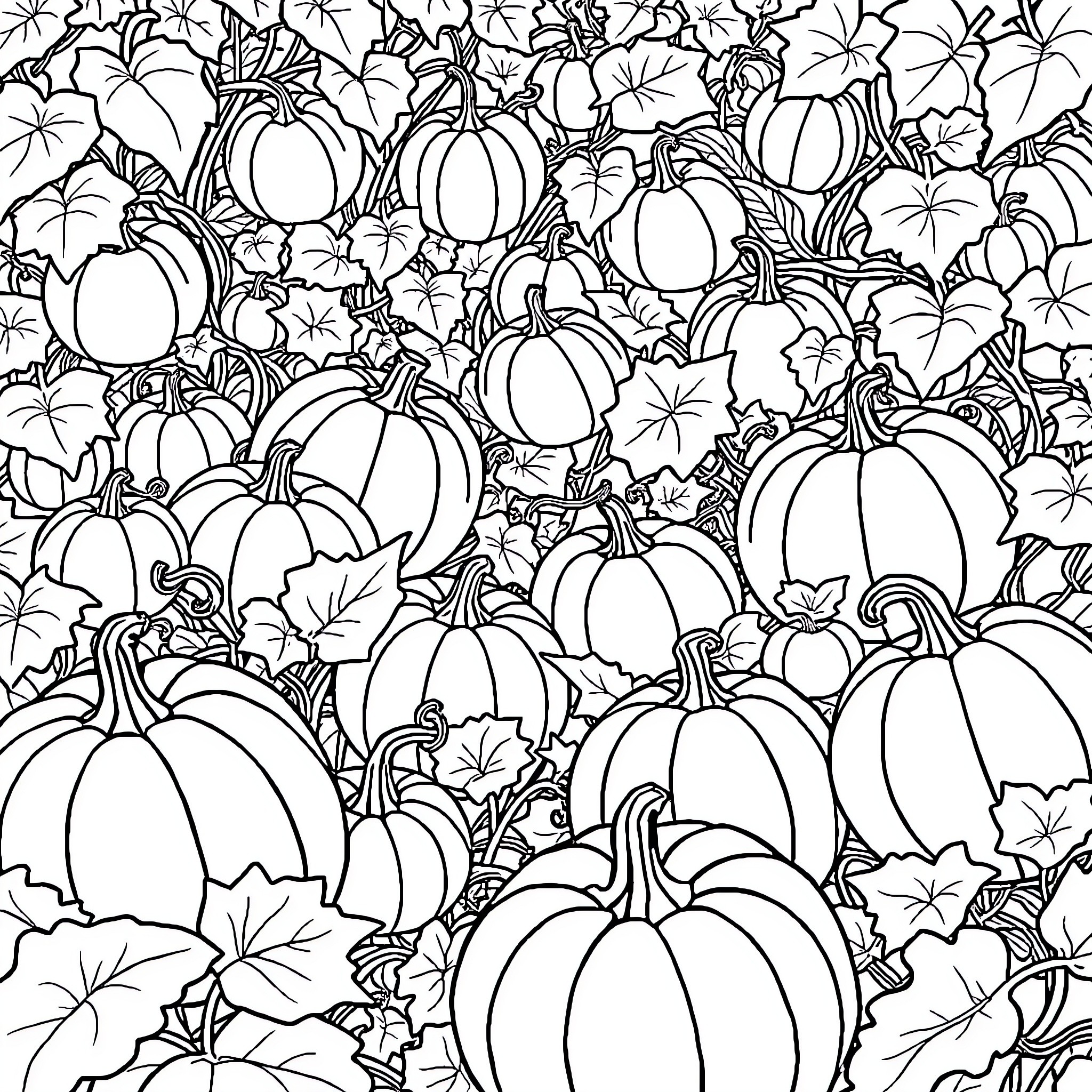 Pumpkin Patch Patterned Delight Coloring Page (free black-and-white line drawing printable PDF for all, from beginners to advanced learners, including children, teens, adults, and seniors)