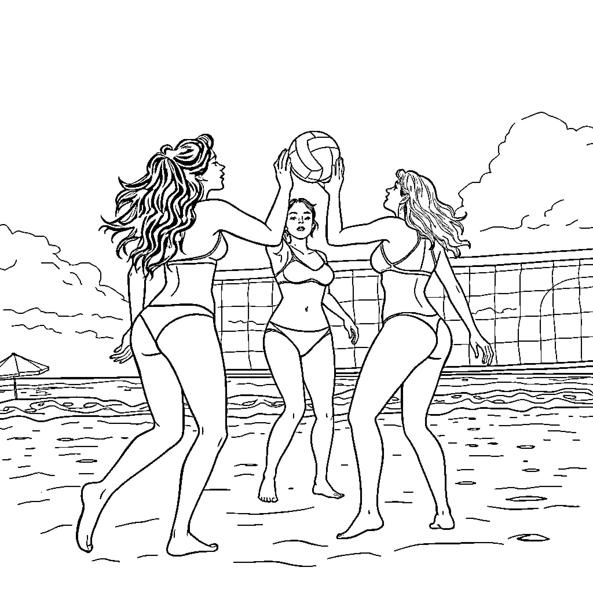 Trans Women Playing Volleyball on the Beach Coloring Page (free black-and-white line drawing printable PDF for all, from beginners to advanced learners, including children, teens, adults, and seniors)