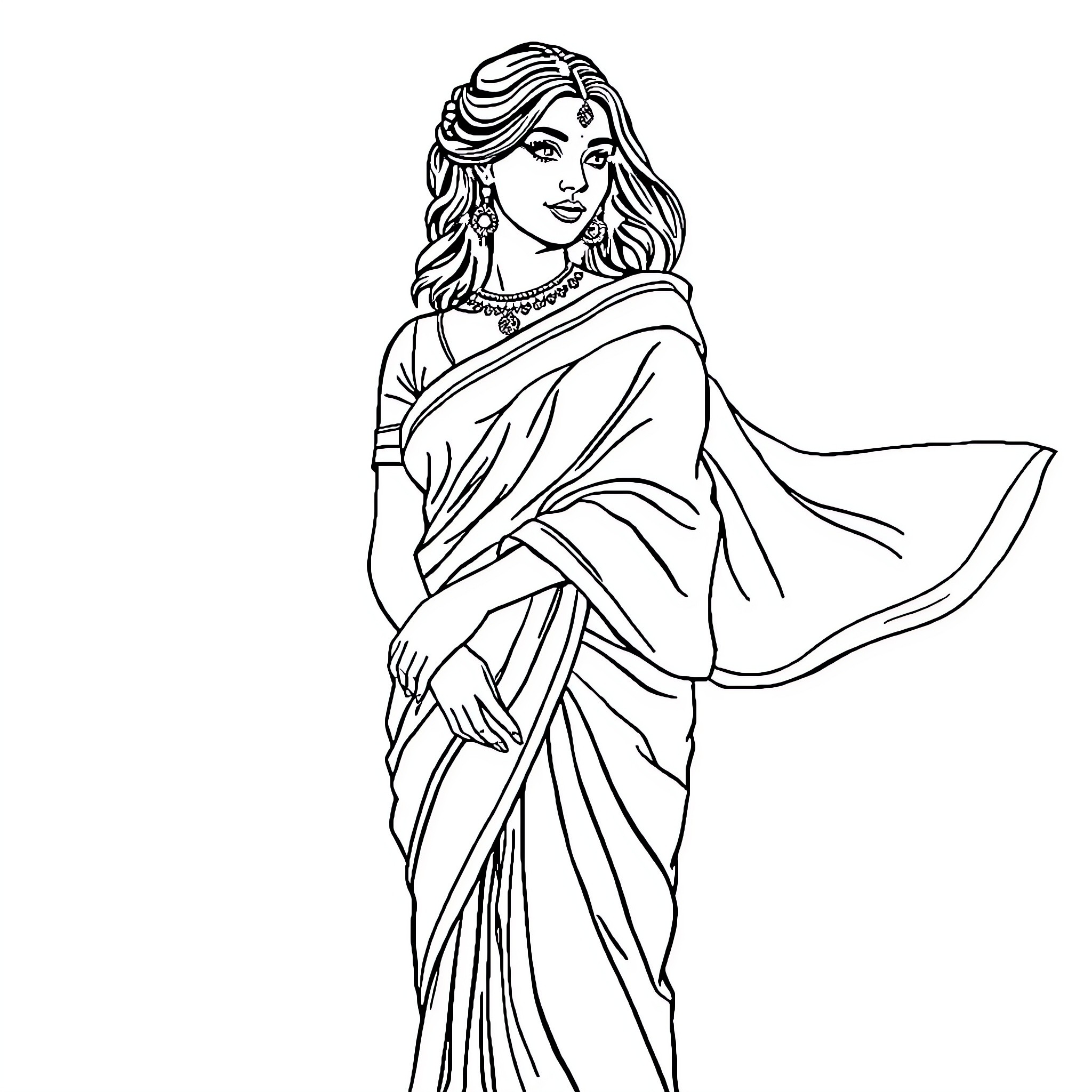 Woman in traditional Indian dress posing elegantly Coloring Page (free black-and-white line drawing printable PDF for all, from beginners to advanced learners, including children, teens, adults, and seniors)