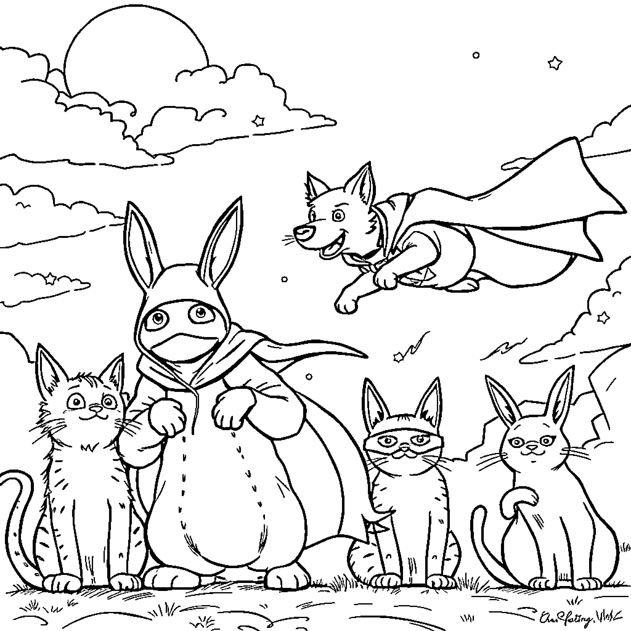 Dog characters in a fantasy landscape Coloring Page (free black-and-white line drawing printable PDF for all, from beginners to advanced learners, including children, teens, adults, and seniors)