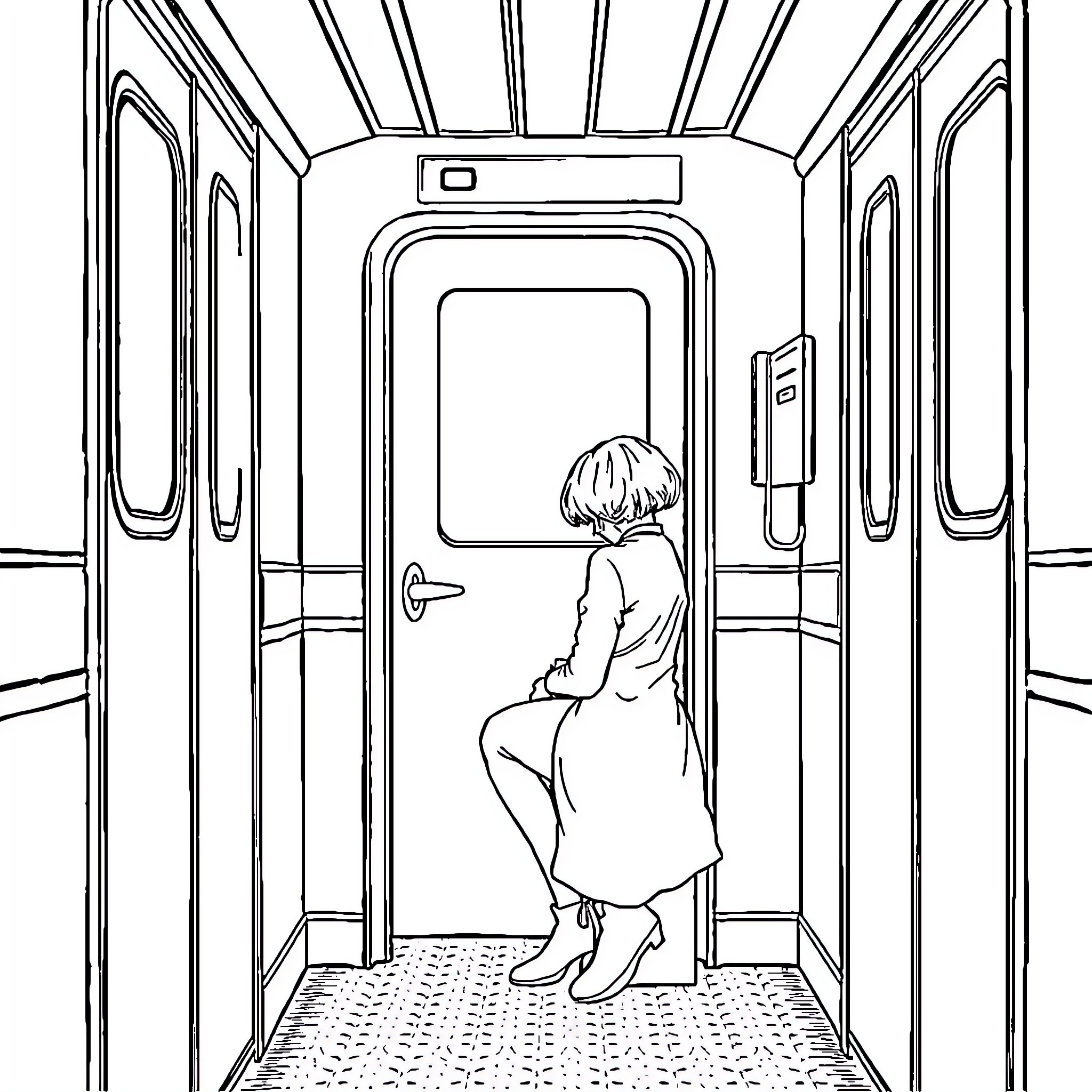 Person standing alone in empty train car Coloring Page (free black-and-white line drawing printable PDF for all, from beginners to advanced learners, including children, teens, adults, and seniors)