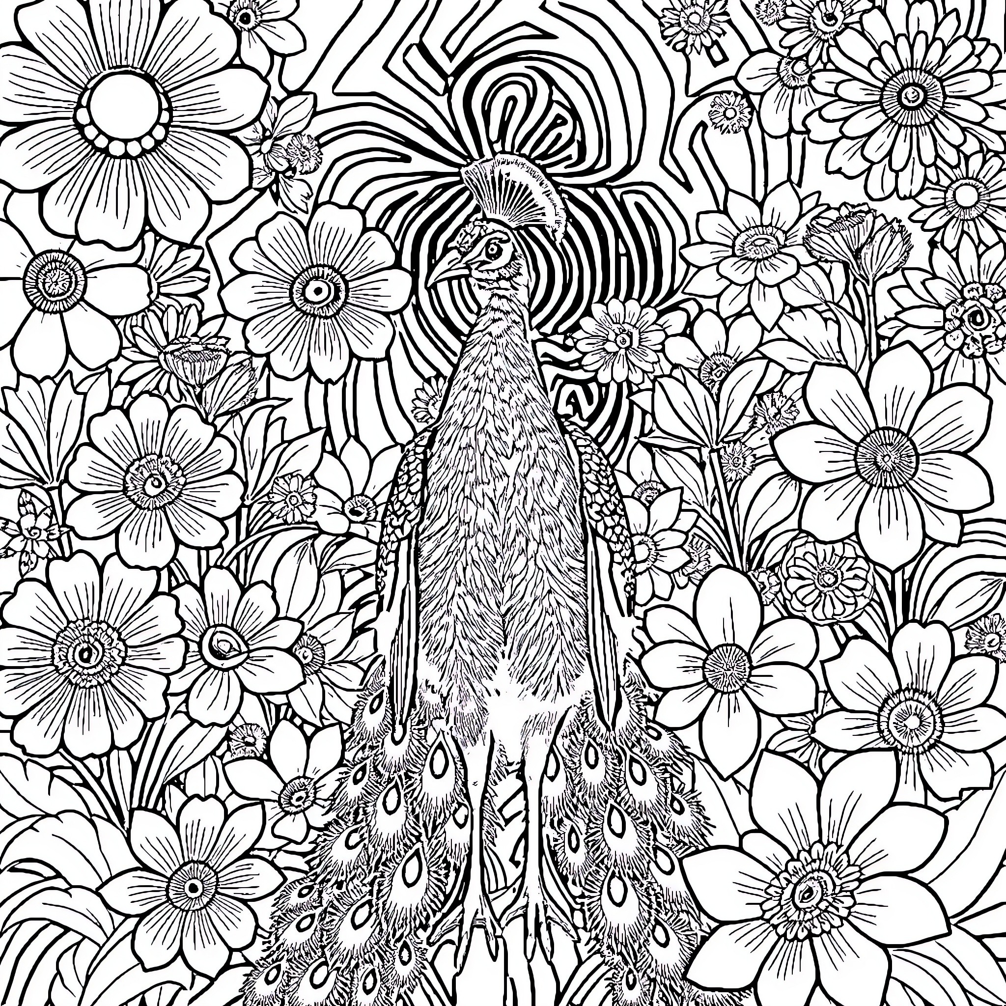 Peacock surrounded by vibrant floral patterns Coloring Page (free black-and-white line drawing printable PDF for all, from beginners to advanced learners, including children, teens, adults, and seniors)