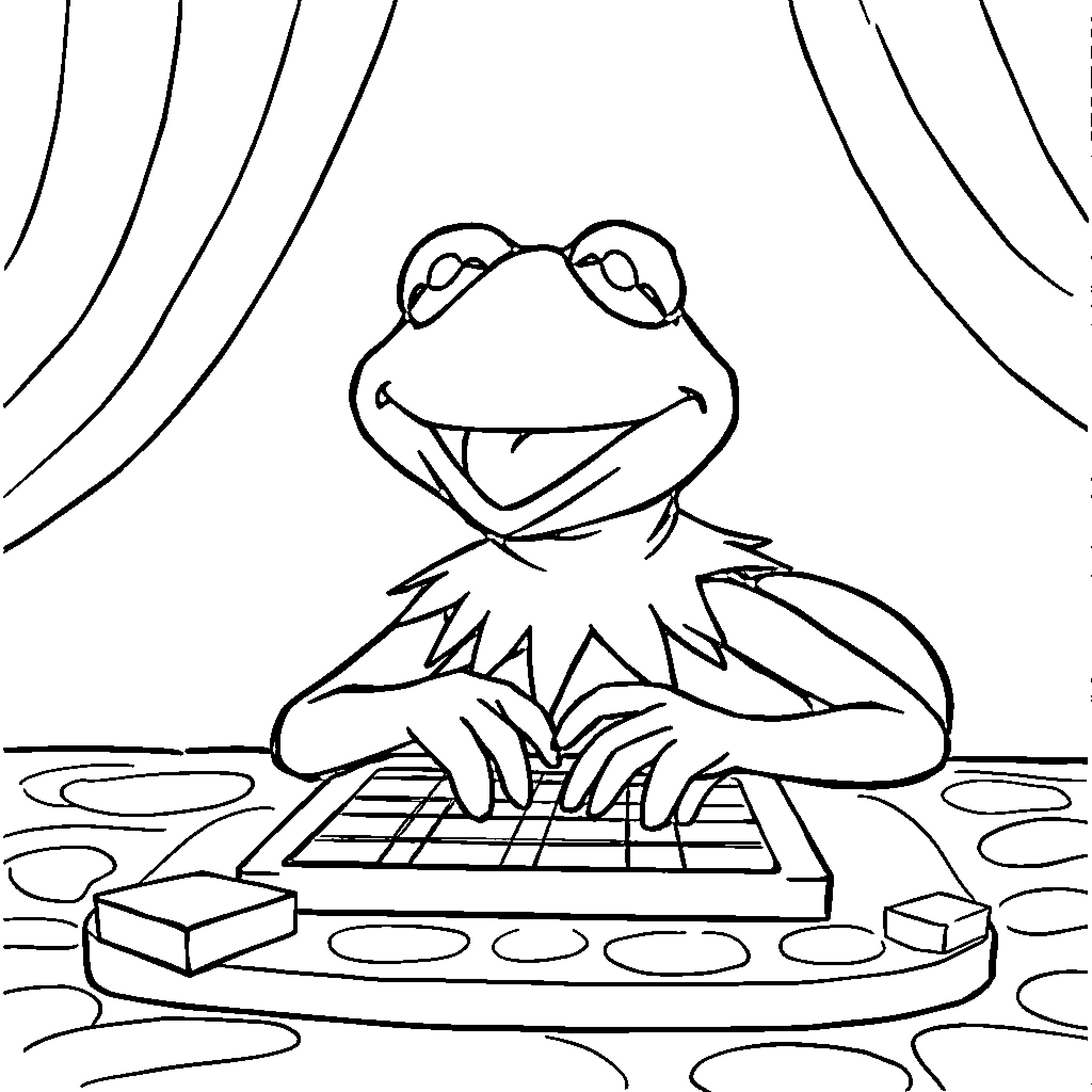 Kermit the Frog performing on stage with keyboard Coloring Page (free black-and-white line drawing printable PDF for all, from beginners to advanced learners, including children, teens, adults, and seniors)