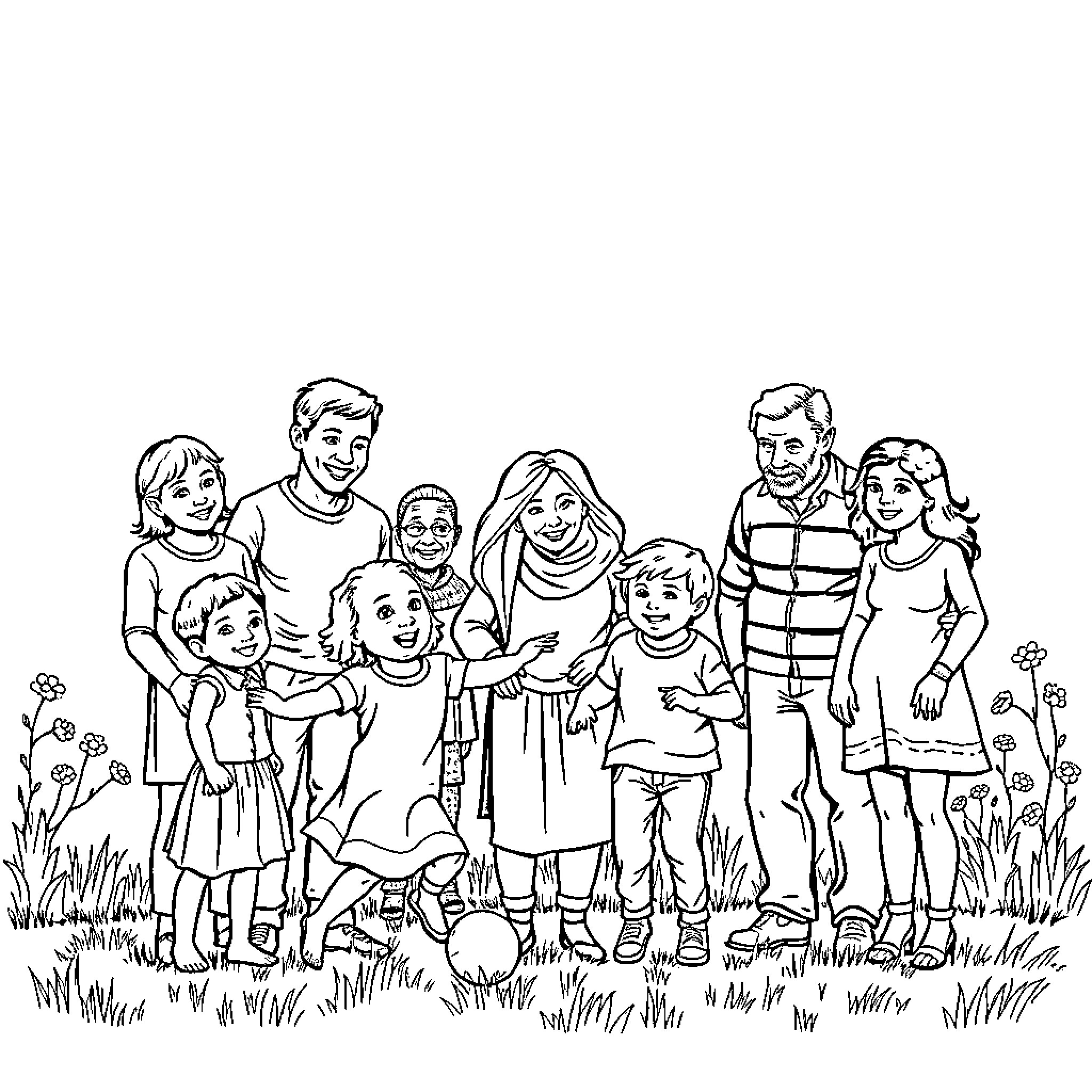 Family Enjoying an Outdoor Gathering in Nature Coloring Page (free black-and-white line drawing printable PDF for all, from beginners to advanced learners, including children, teens, adults, and seniors)