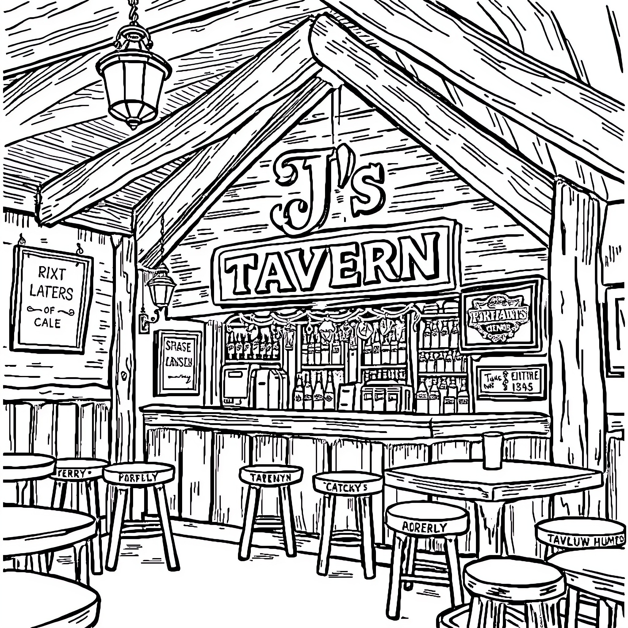 Tavern with Lively Interior and Signage Coloring Page (free black-and-white line drawing printable PDF for all, from beginners to advanced learners, including children, teens, adults, and seniors)