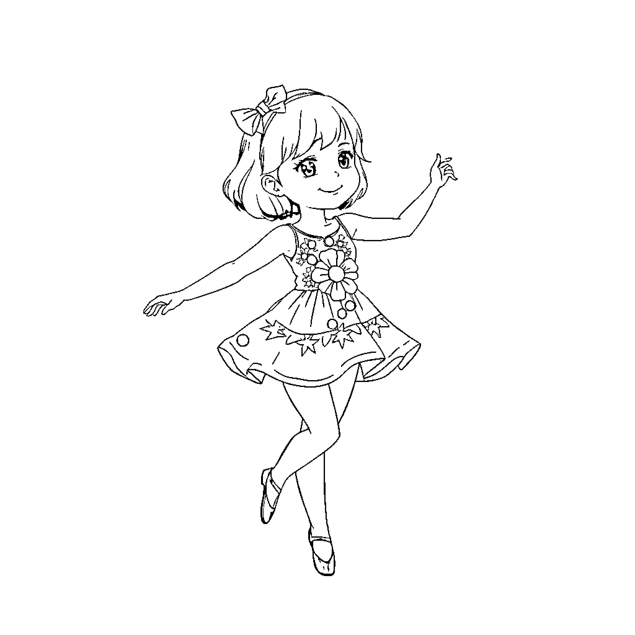 Girl in a Floral Dress Dancing Happily Coloring Page (free black-and-white line drawing printable PDF for all, from beginners to advanced learners, including children, teens, adults, and seniors)