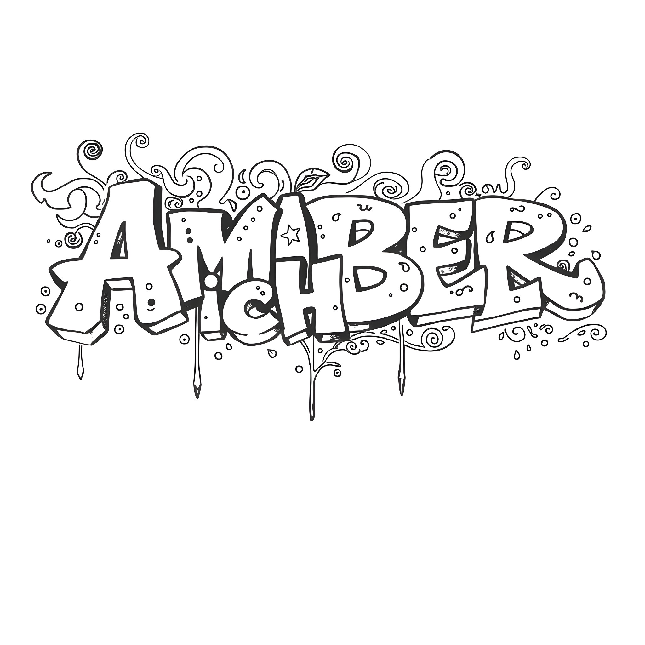 Amber enjoying a whimsical doodle Coloring Page (free black-and-white line drawing printable PDF for all, from beginners to advanced learners, including children, teens, adults, and seniors)