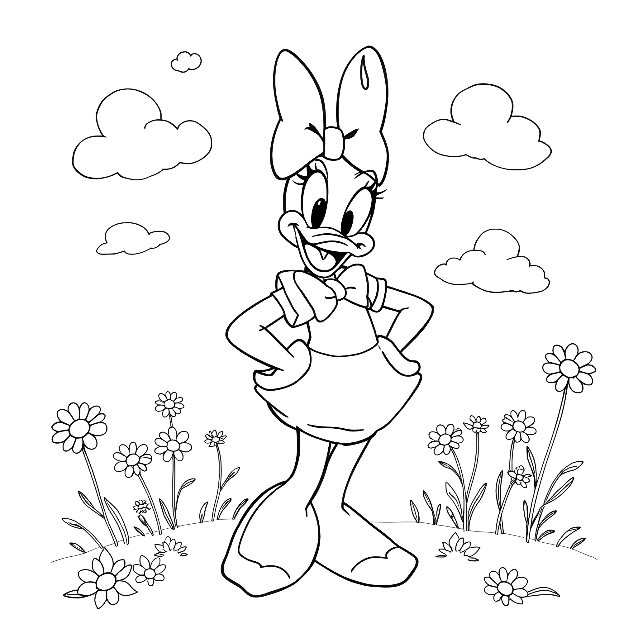 Daisy Duck posing in a flowery meadow Coloring Page (free black-and-white line drawing printable PDF for all, from beginners to advanced learners, including children, teens, adults, and seniors)
