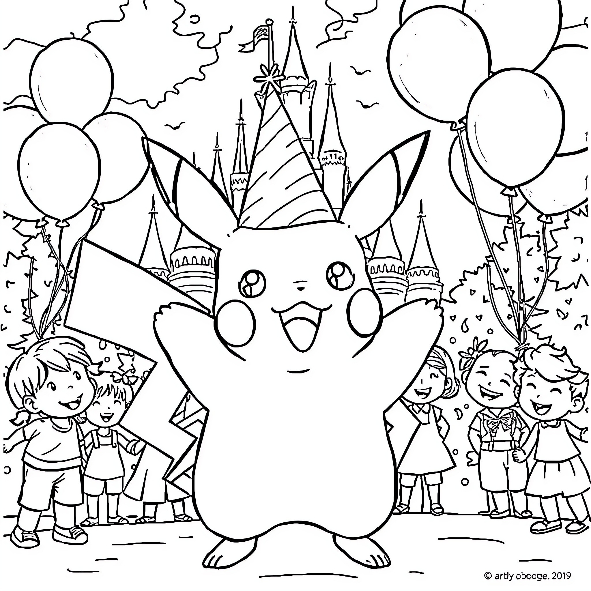 Pikachu celebrates at the magical castle with friends Coloring Page (free black-and-white line drawing printable PDF for all, from beginners to advanced learners, including children, teens, adults, and seniors)