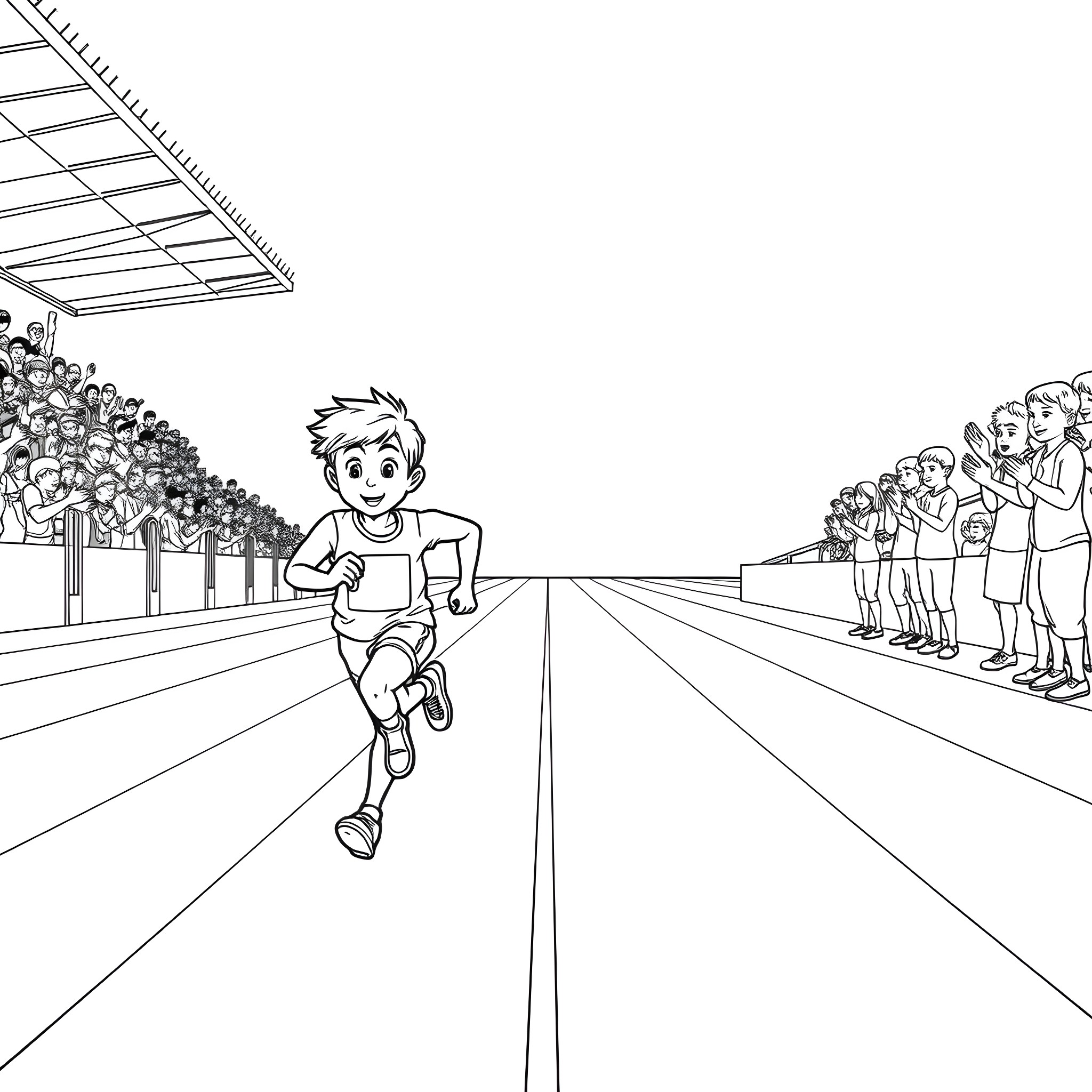 Child running on a racetrack with spectators Coloring Page (free black-and-white line drawing printable PDF for all, from beginners to advanced learners, including children, teens, adults, and seniors)