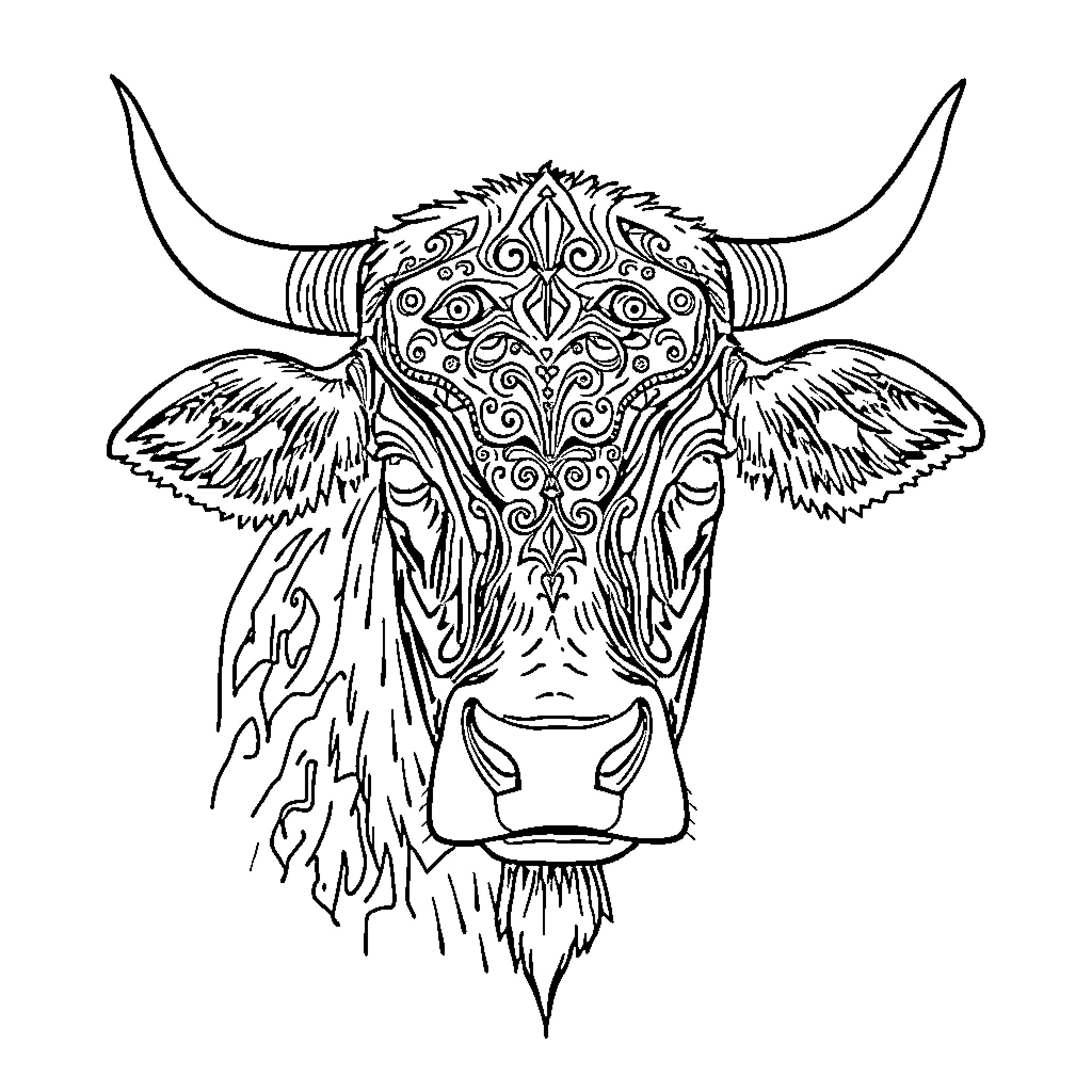 Gothic Cow with ornate mandala pattern Coloring Page (free black-and-white line drawing printable PDF for all, from beginners to advanced learners, including children, teens, adults, and seniors)