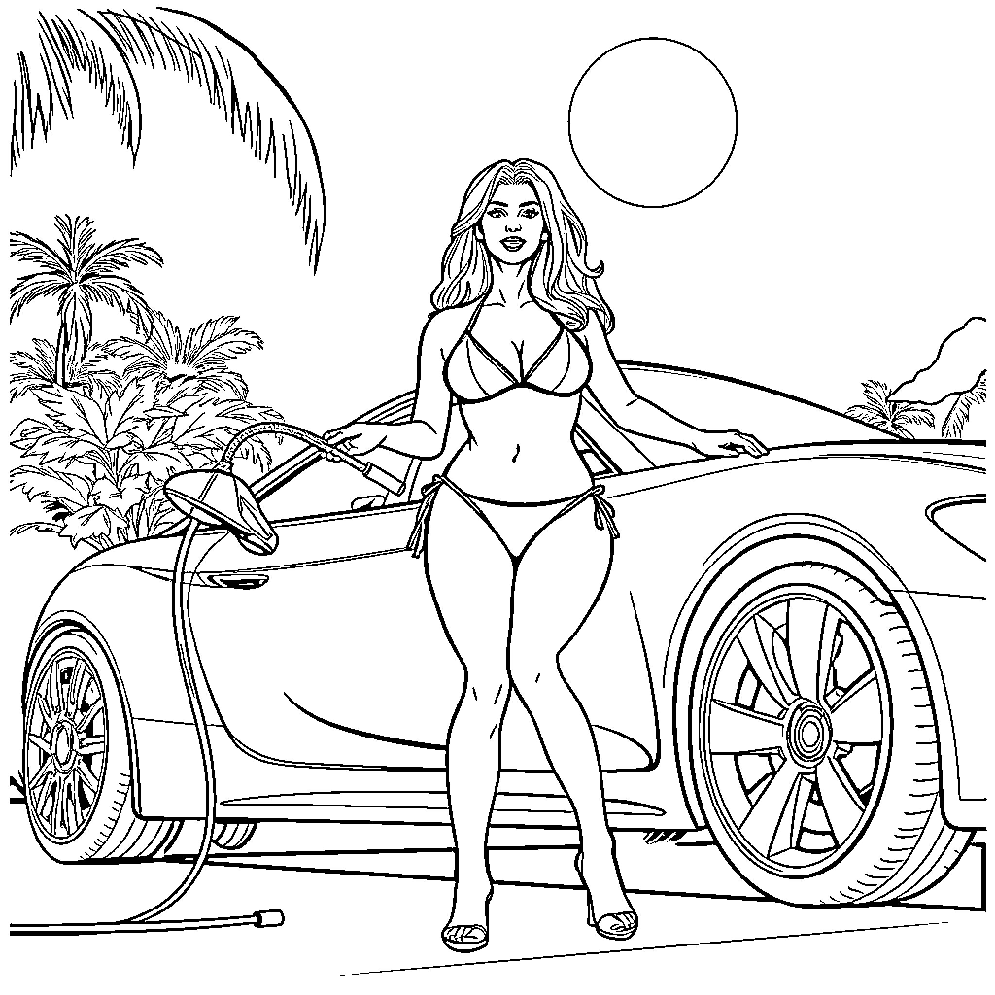 Jennifer Lopez posing confidently by a sports car in a tropical setting Coloring Page (free black-and-white line drawing printable PDF for all, from beginners to advanced learners, including children, teens, adults, and seniors)