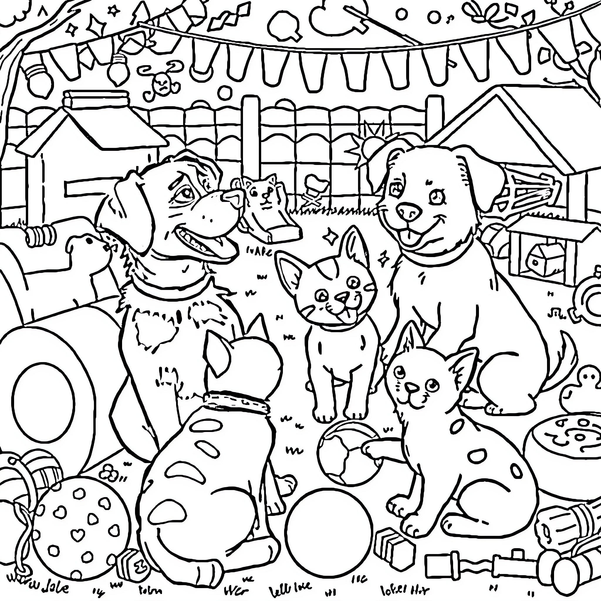 Dog friends enjoying a festive celebration Coloring Page (free black-and-white line drawing printable PDF for all, from beginners to advanced learners, including children, teens, adults, and seniors)