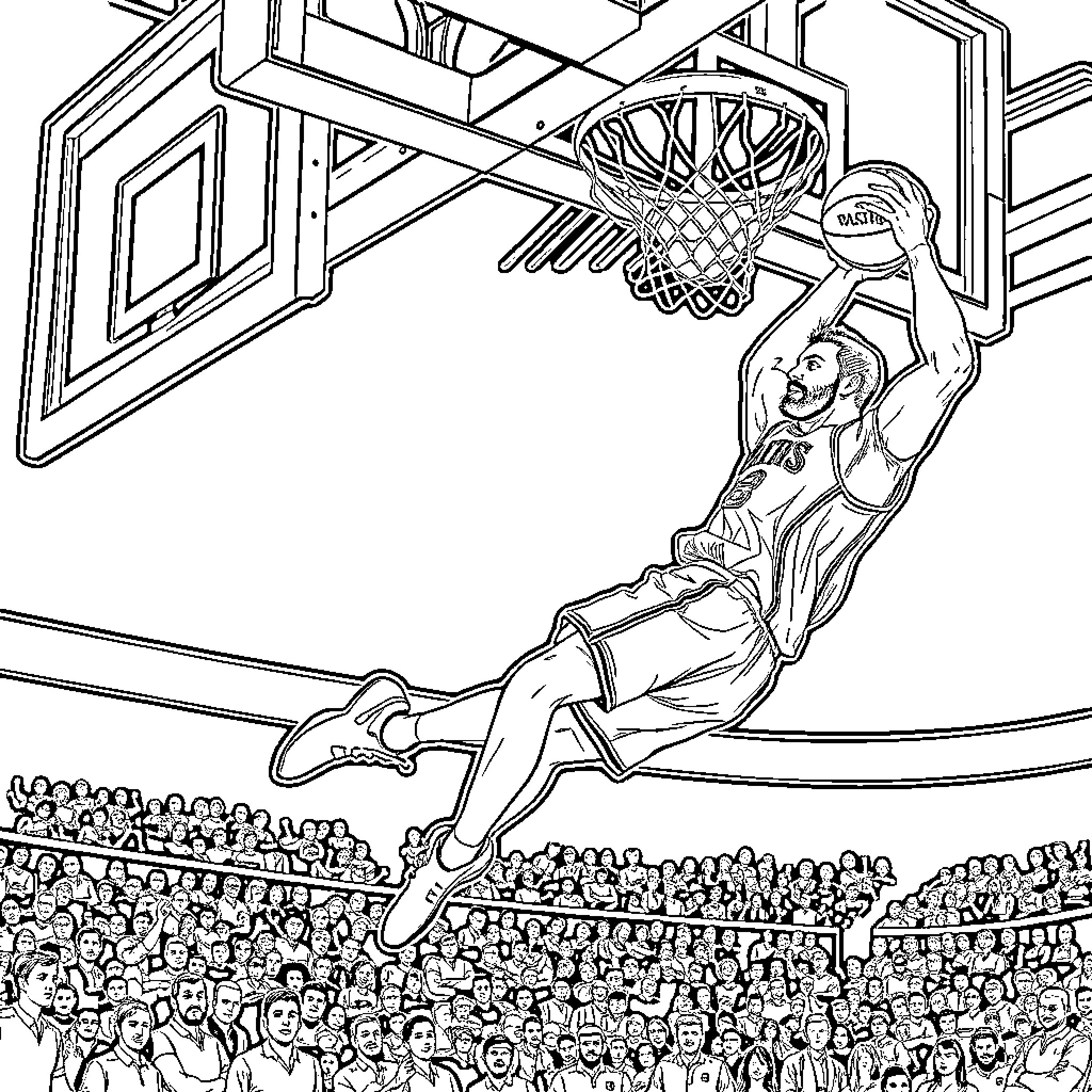 Jose Bautista's Dramatic Slam Dunk in Basketball Arena Coloring Page (free black-and-white line drawing printable PDF for all, from beginners to advanced learners, including children, teens, adults, and seniors)