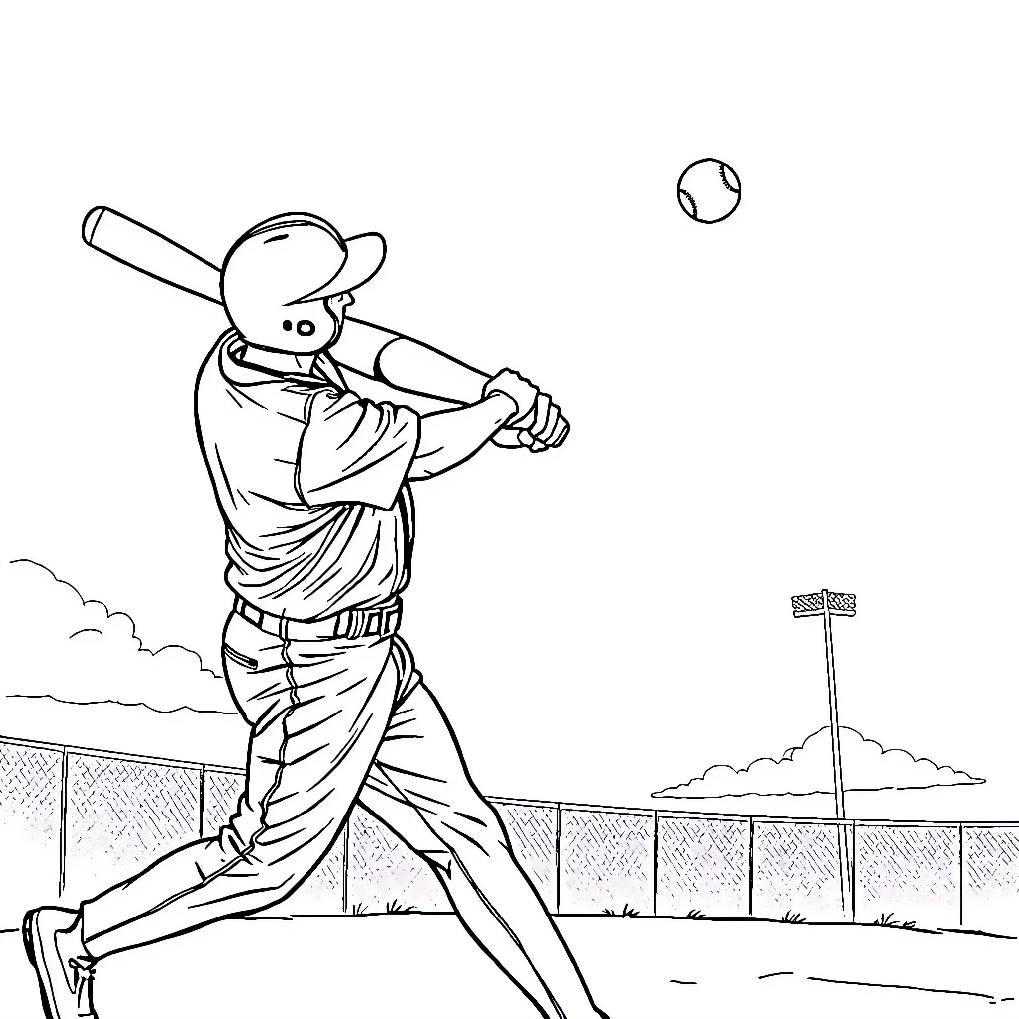 Baseball Player Batting at the Game Coloring Page (free black-and-white line drawing printable PDF for all, from beginners to advanced learners, including children, teens, adults, and seniors)