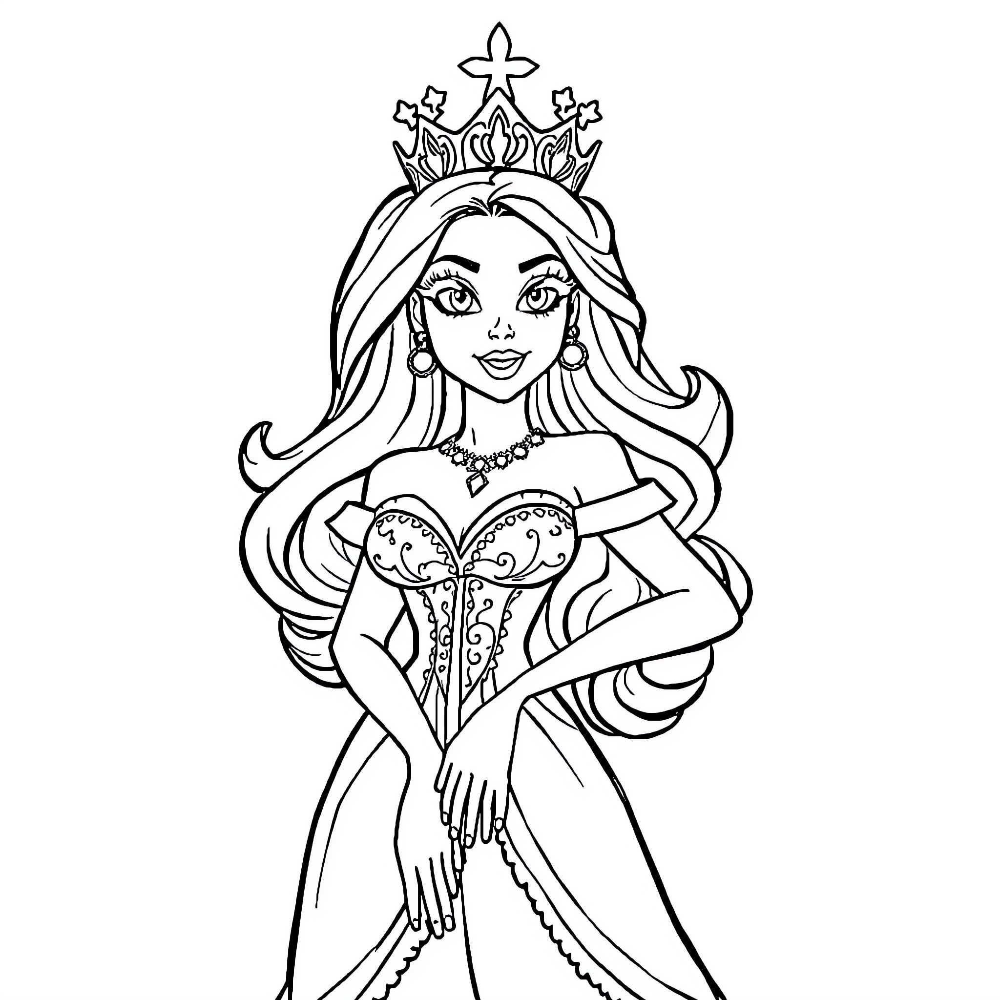 Jem as a royal princess in elegant attire Coloring Page (free black-and-white line drawing printable PDF for all, from beginners to advanced learners, including children, teens, adults, and seniors)