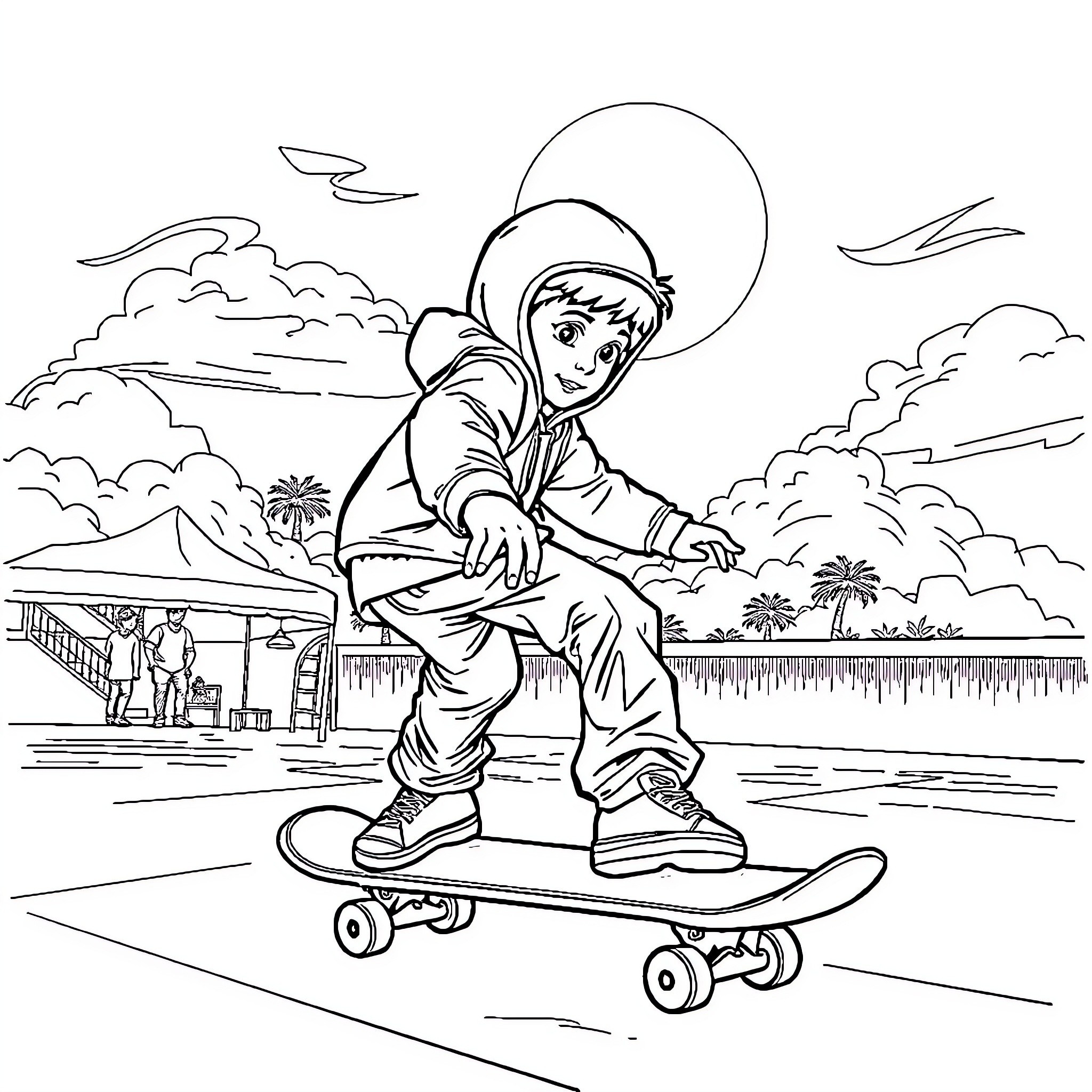Skateboard rider performing tricks in tropical setting Coloring Page (free black-and-white line drawing printable PDF for all, from beginners to advanced learners, including children, teens, adults, and seniors)