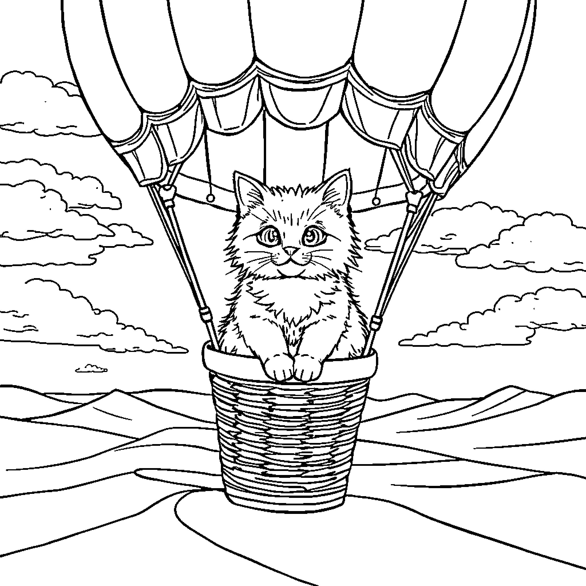 Cat in a Hot Air Balloon Coloring Page (free black-and-white line drawing printable PDF for all, from beginners to advanced learners, including children, teens, adults, and seniors)