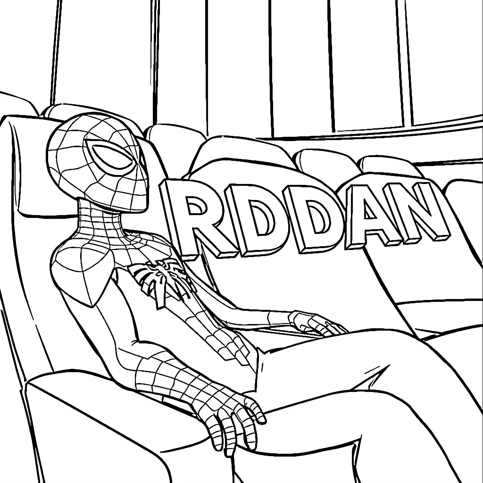 Spidey resting in a chair Coloring Page (free black-and-white line drawing printable PDF for all, from beginners to advanced learners, including children, teens, adults, and seniors)