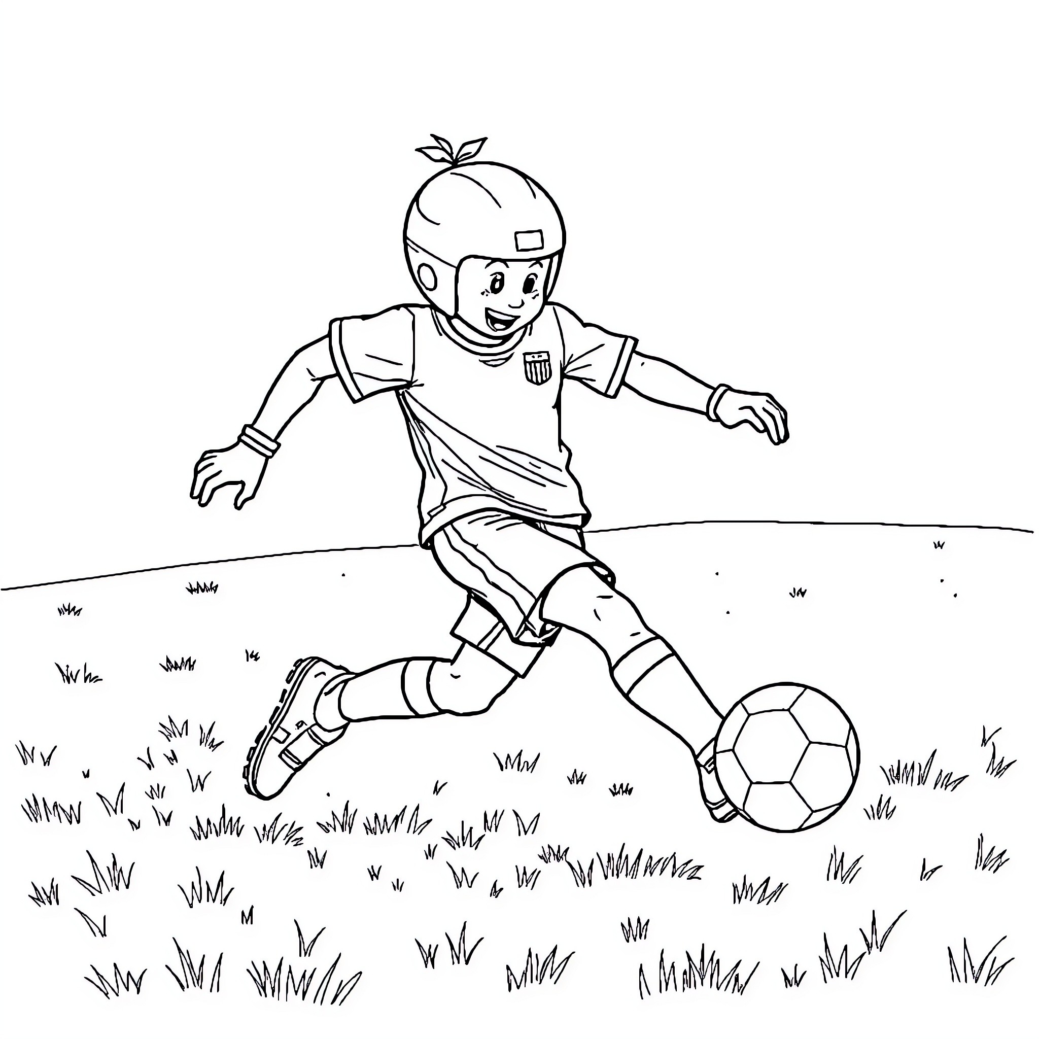 Ski Bidi Playing Soccer in the Grass Coloring Page (free black-and-white line drawing printable PDF for all, from beginners to advanced learners, including children, teens, adults, and seniors)