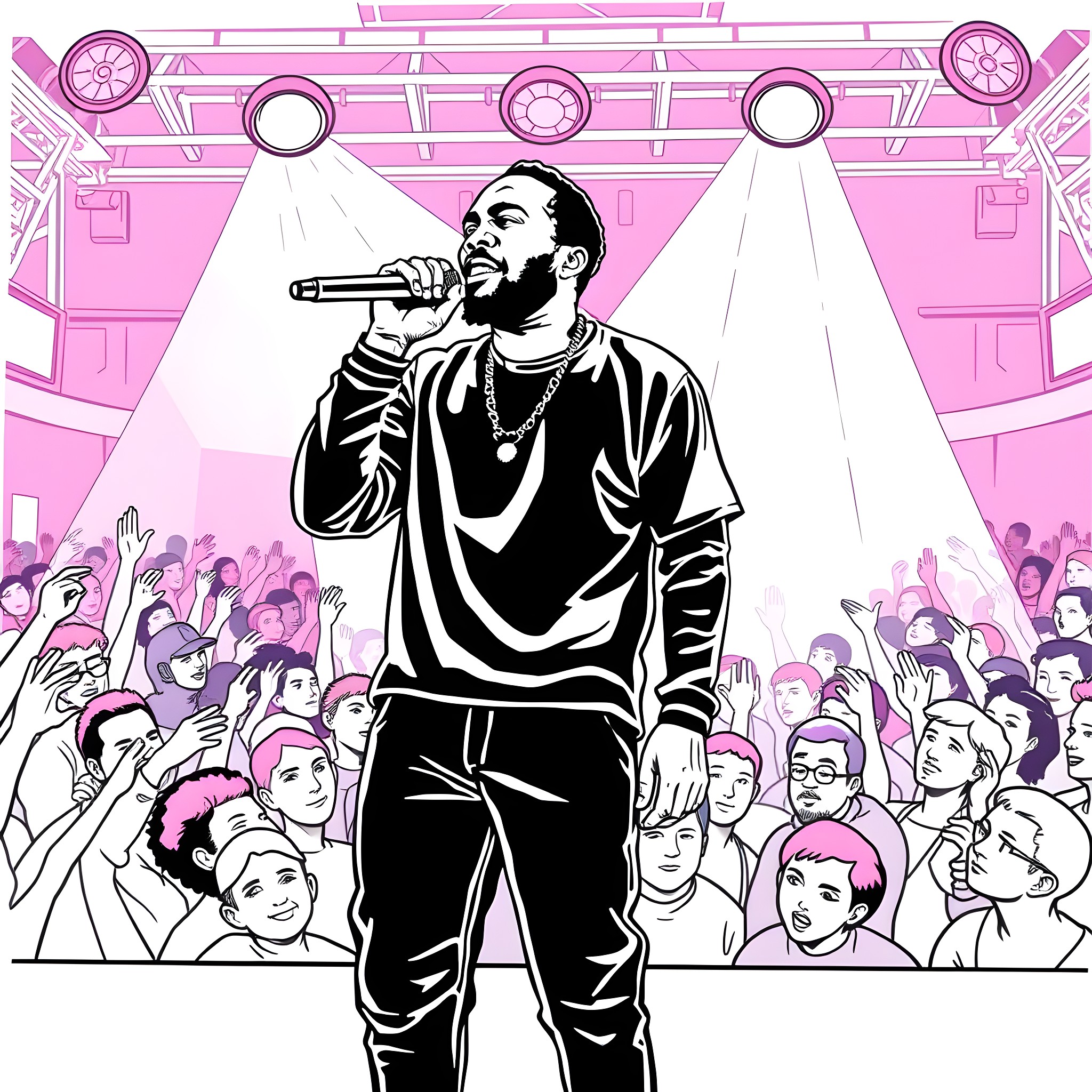 Kendrick Lamar performing energetically on stage Coloring Page (free black-and-white line drawing printable PDF for all, from beginners to advanced learners, including children, teens, adults, and seniors)
