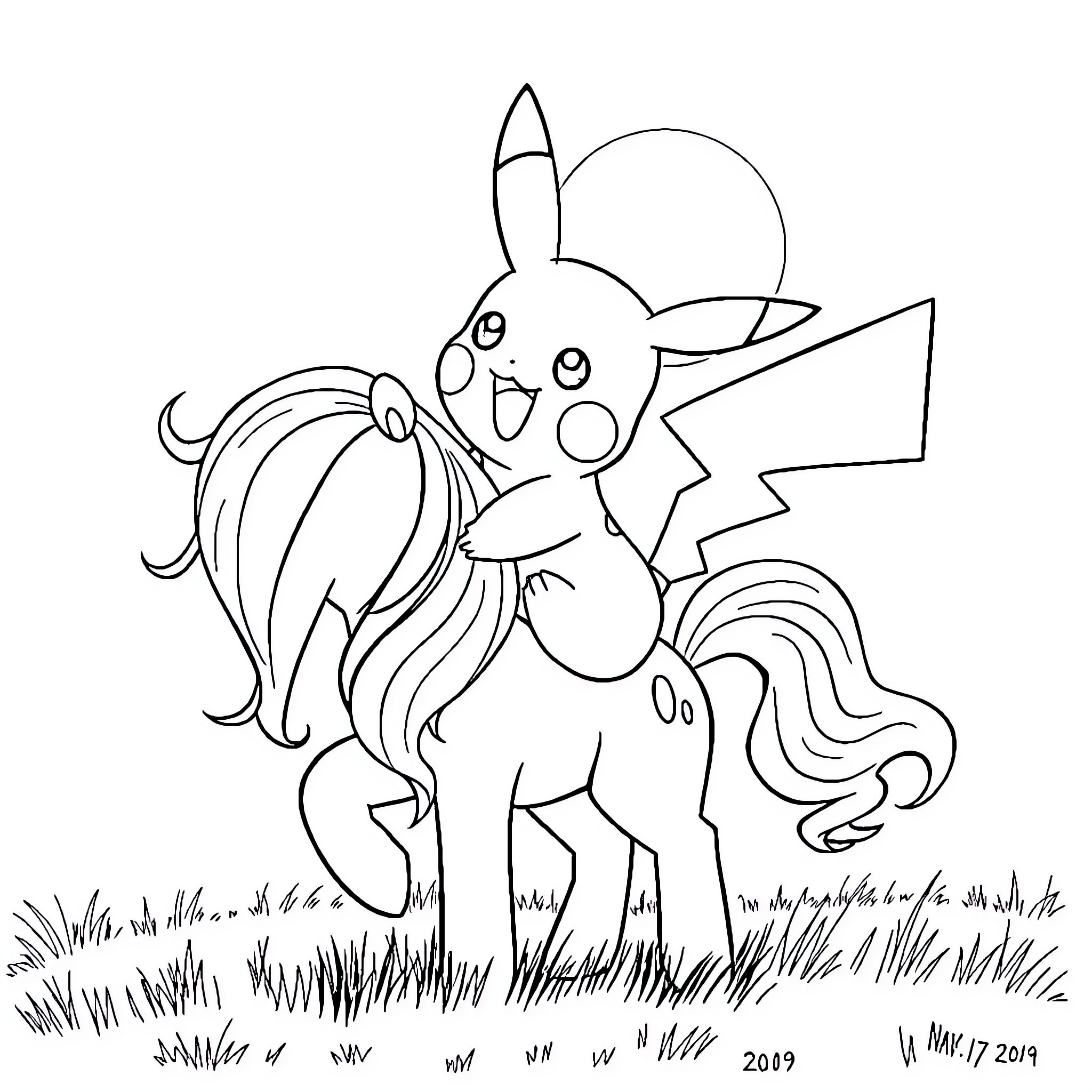Pikachu as a Magical Unicorn in a Field Coloring Page (free black-and-white line drawing printable PDF for all, from beginners to advanced learners, including children, teens, adults, and seniors)