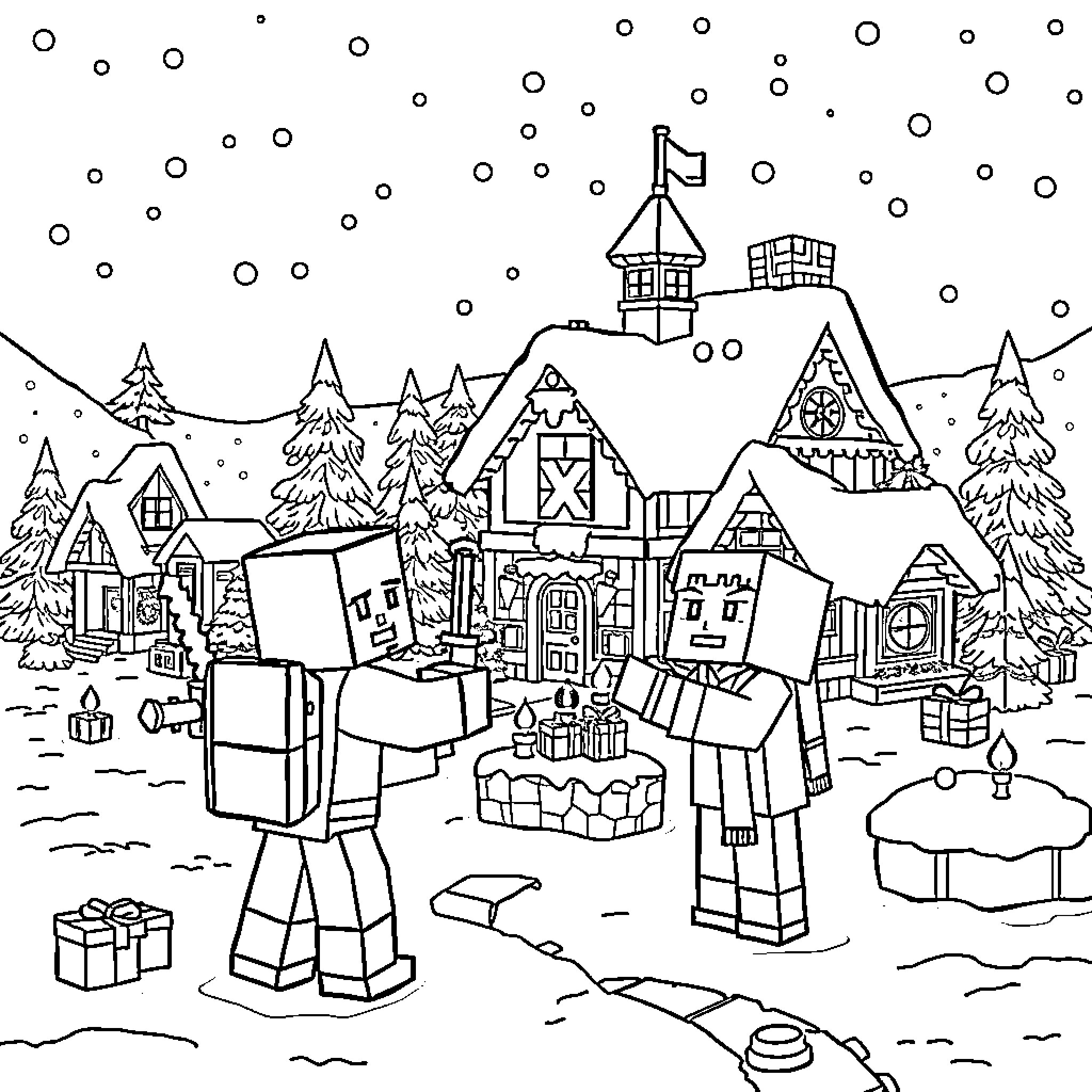 Minecraft characters exploring a festive winter scene Coloring Page (free black-and-white line drawing printable PDF for all, from beginners to advanced learners, including children, teens, adults, and seniors)