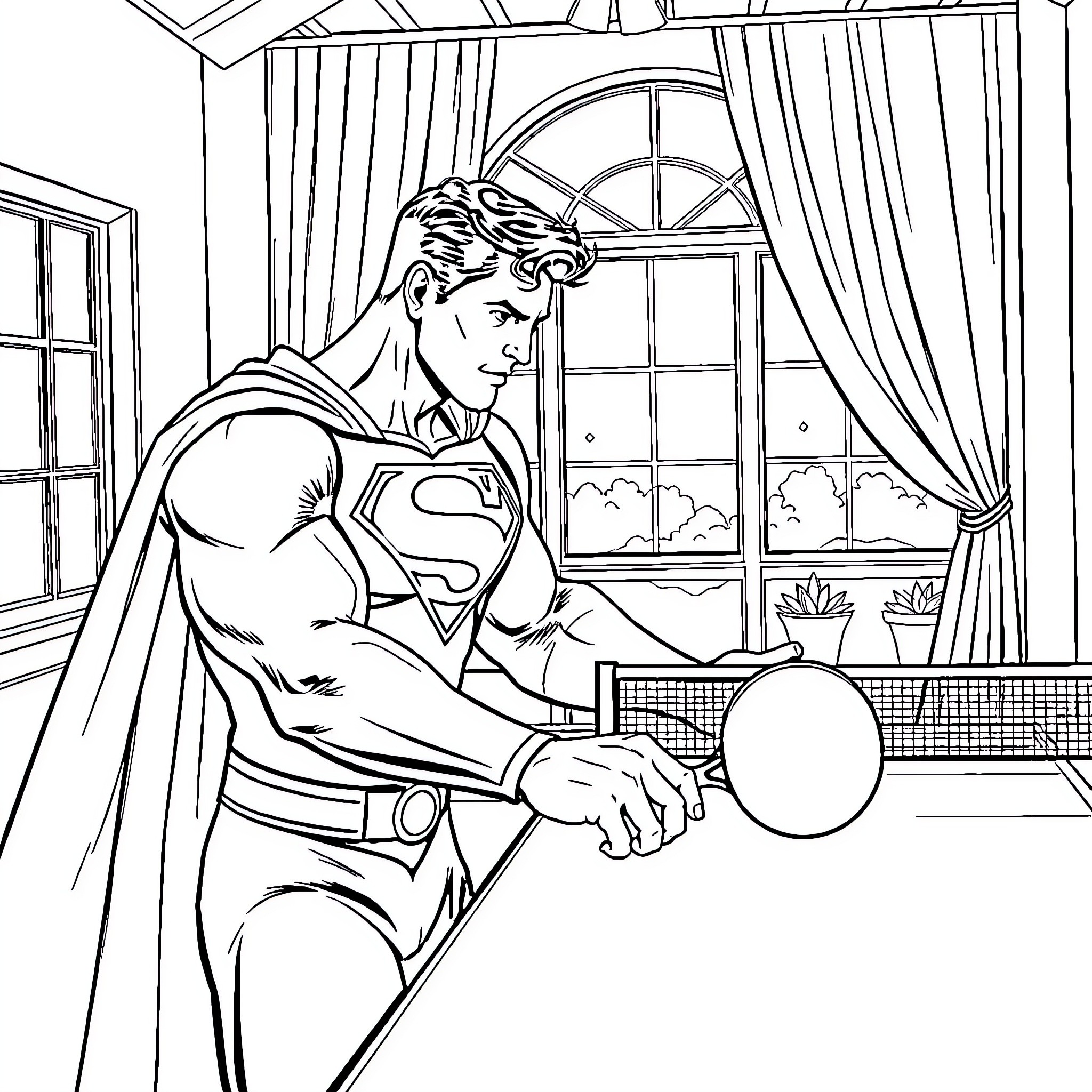 Superman in thoughtful contemplation at home Coloring Page (free black-and-white line drawing printable PDF for all, from beginners to advanced learners, including children, teens, adults, and seniors)