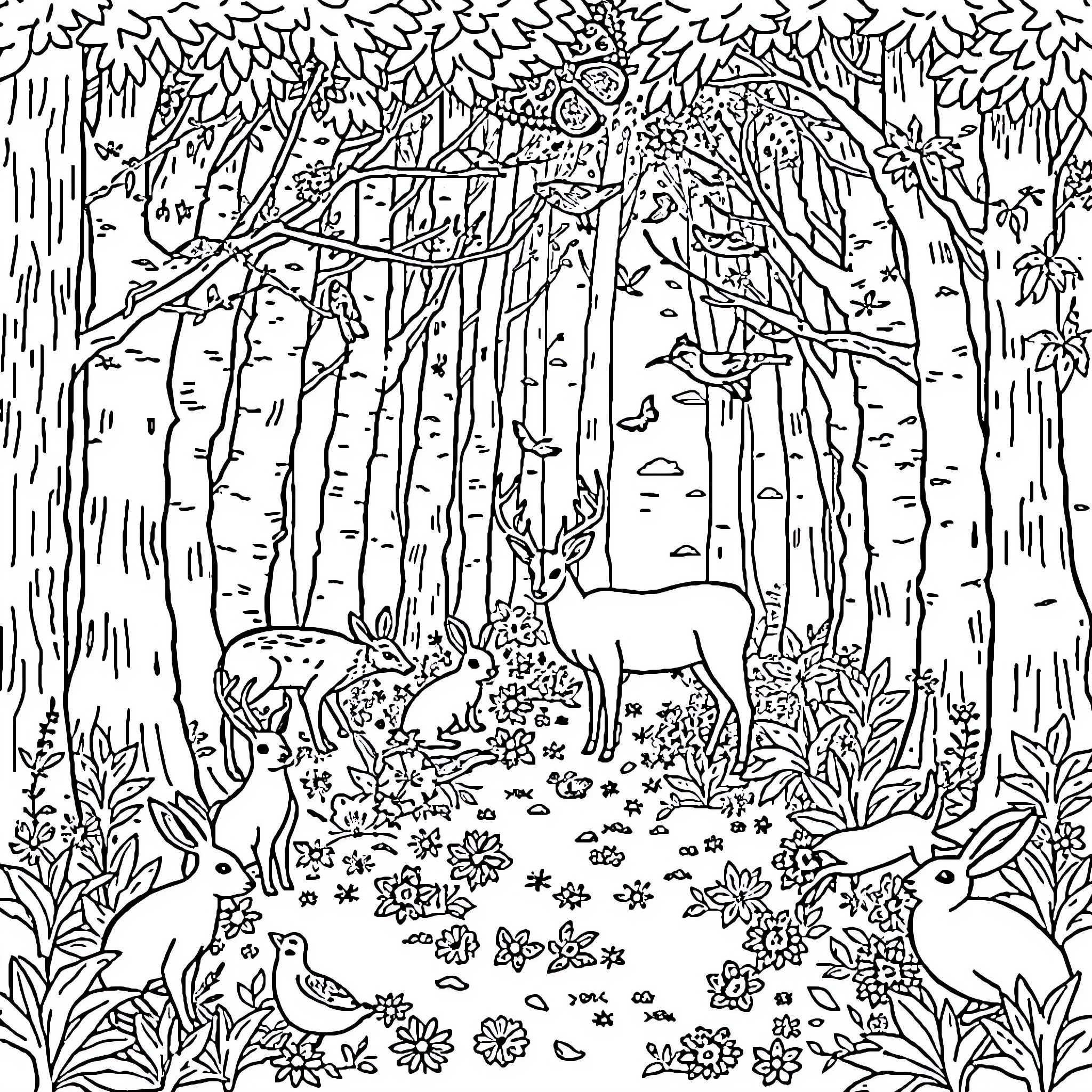 Animal forest scene with deer and rabbits Coloring Page (free black-and-white line drawing printable PDF for all, from beginners to advanced learners, including children, teens, adults, and seniors)