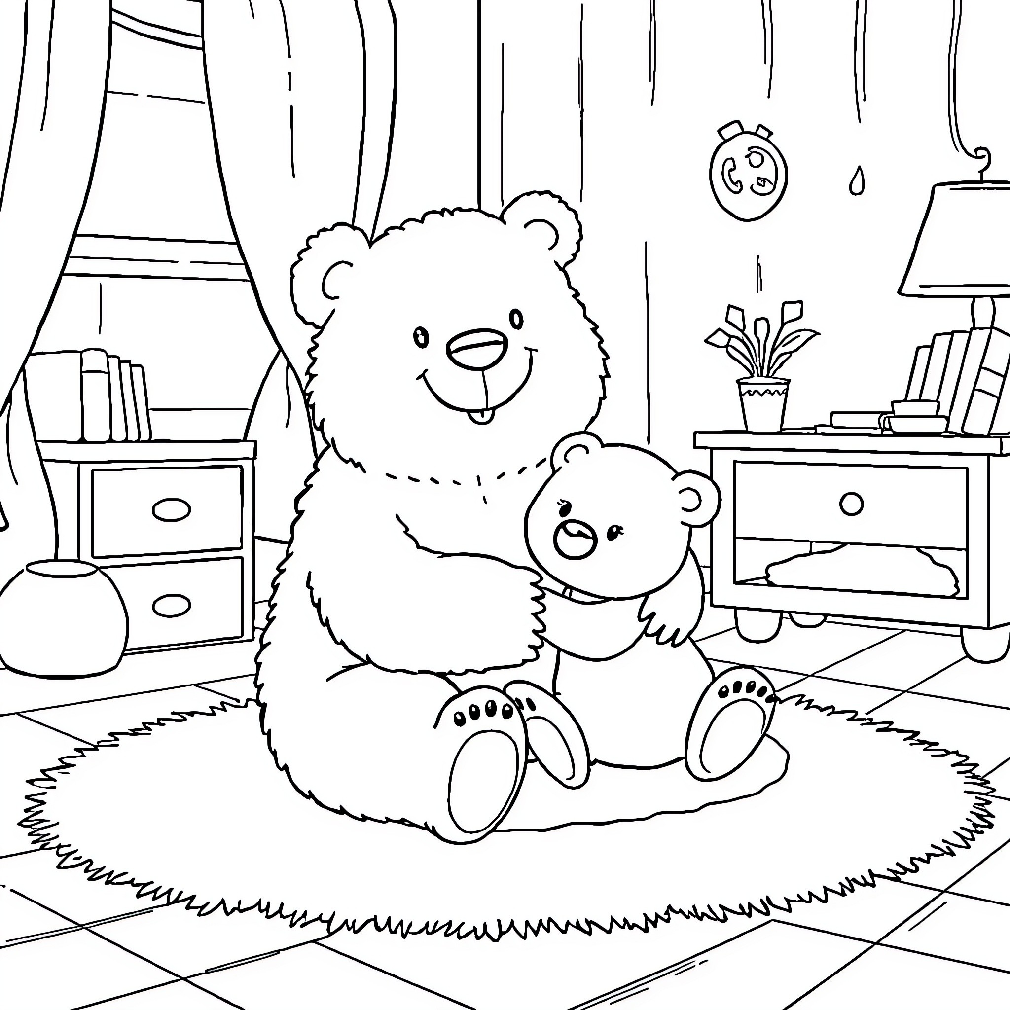 Bear and Cub Relaxing in Cozy Home Coloring Page (free black-and-white line drawing printable PDF for all, from beginners to advanced learners, including children, teens, adults, and seniors)