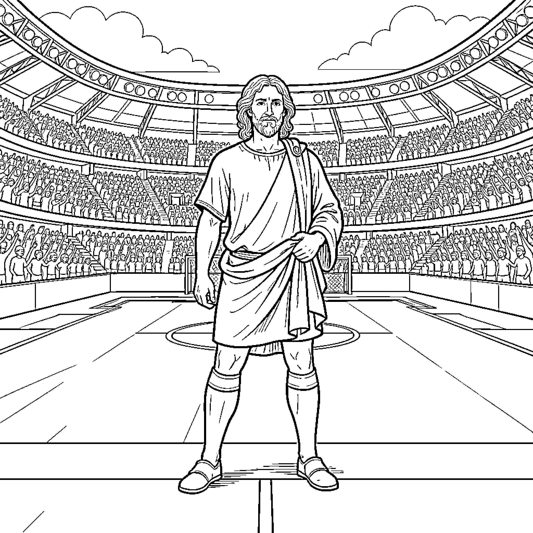 Raphael standing confidently in an ancient arena Coloring Page (free black-and-white line drawing printable PDF for all, from beginners to advanced learners, including children, teens, adults, and seniors)