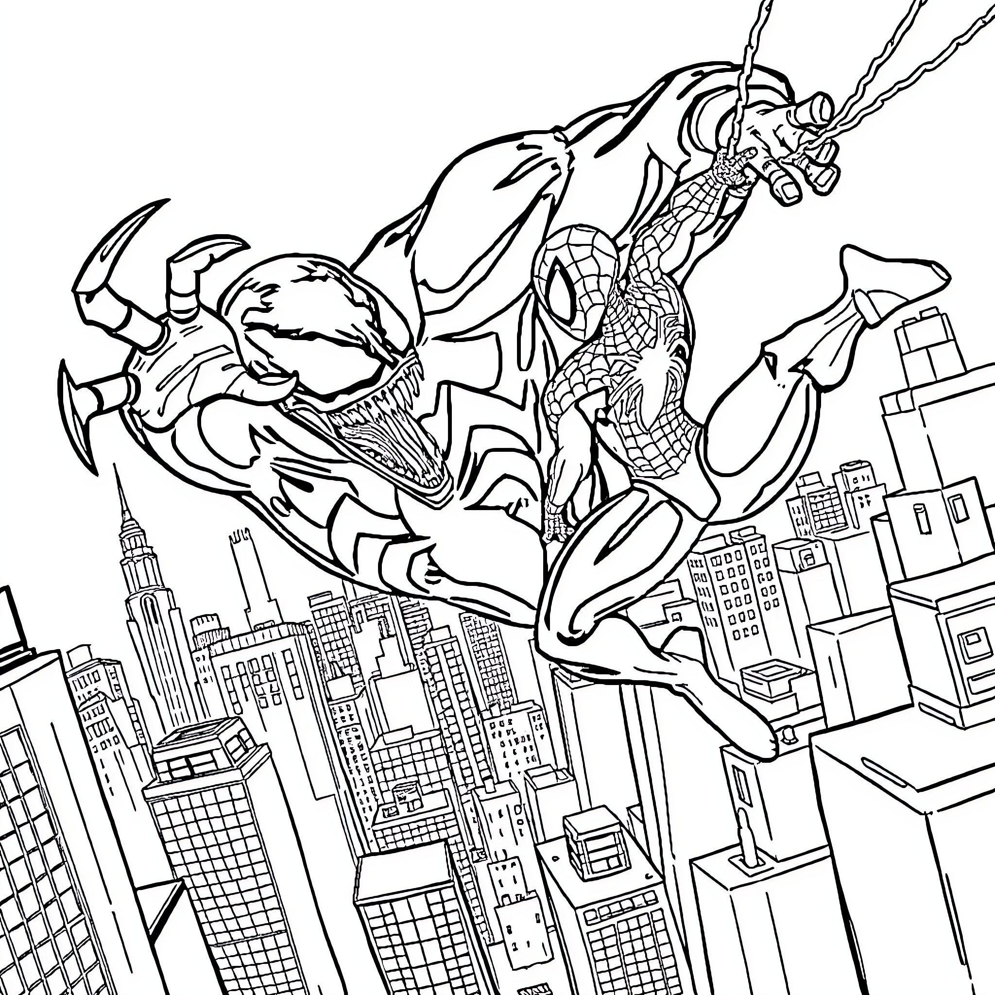 Venom faces off against Spider-Man in an epic city showdown Coloring Page (free black-and-white line drawing printable PDF for all, from beginners to advanced learners, including children, teens, adults, and seniors)